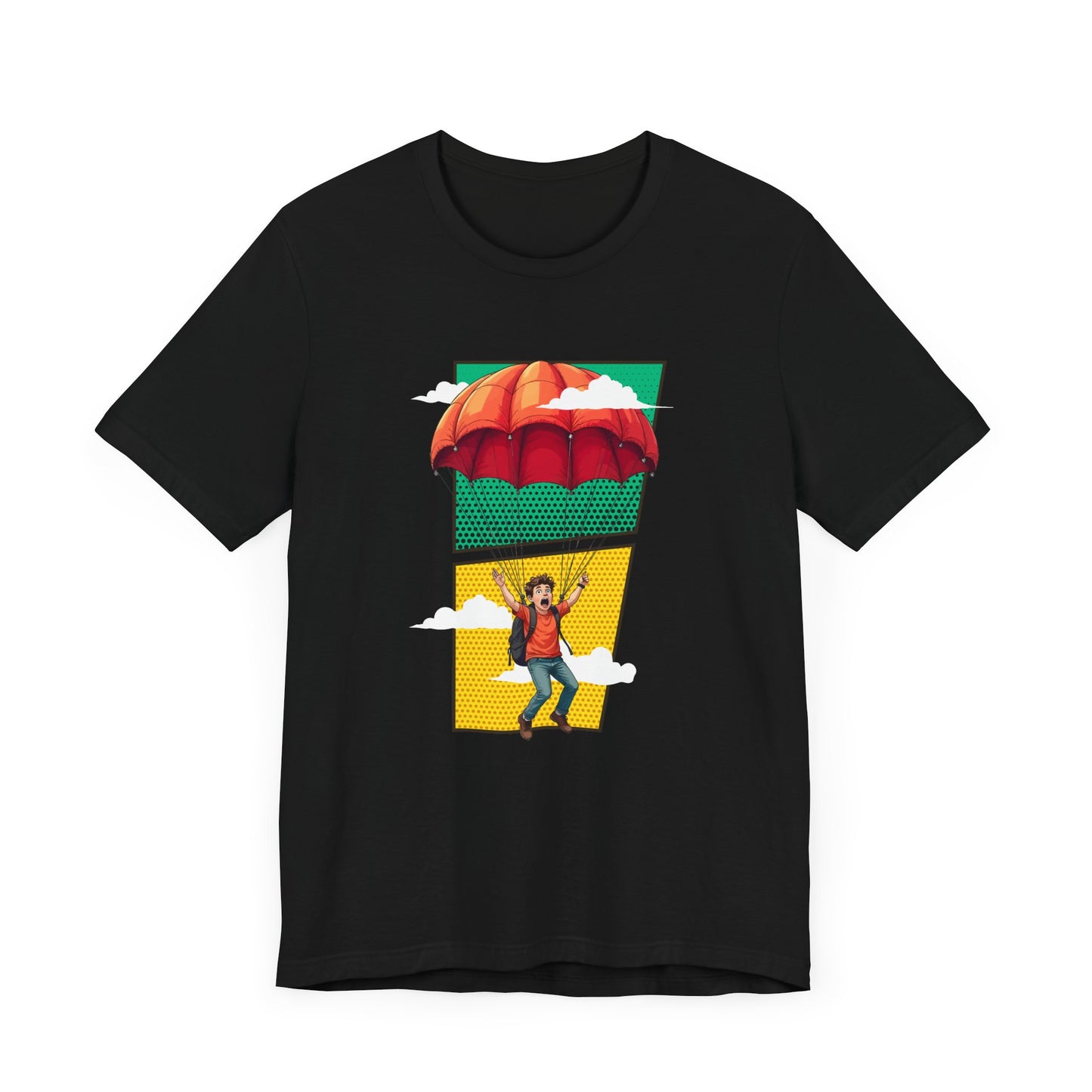 Do it Scared Boy Parachuting Mid-Air with Clouds Background Graphic T-Shirt