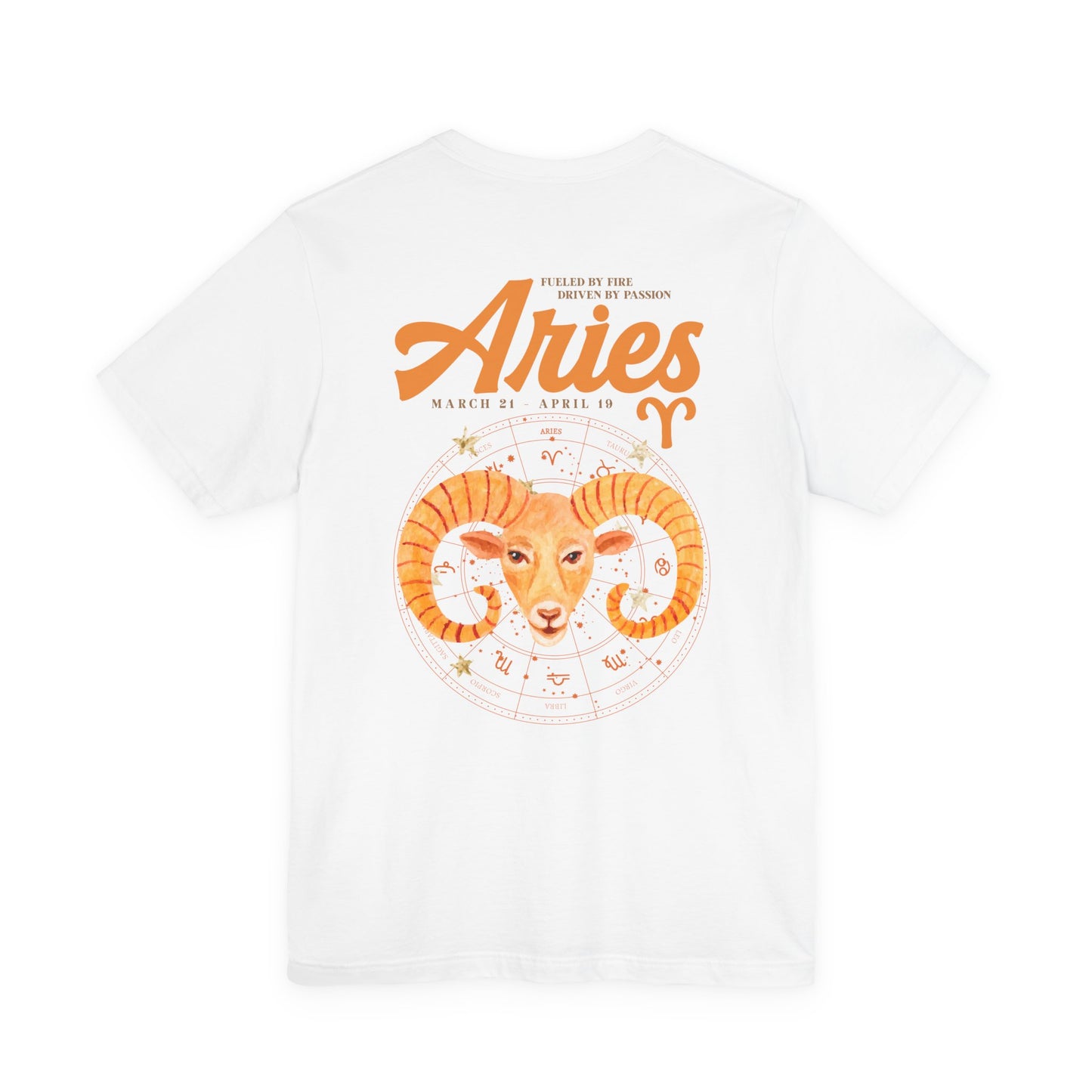 Aries Fueled by Fire T-Shirt – Ram Head with Zodiac Astrological Wheel