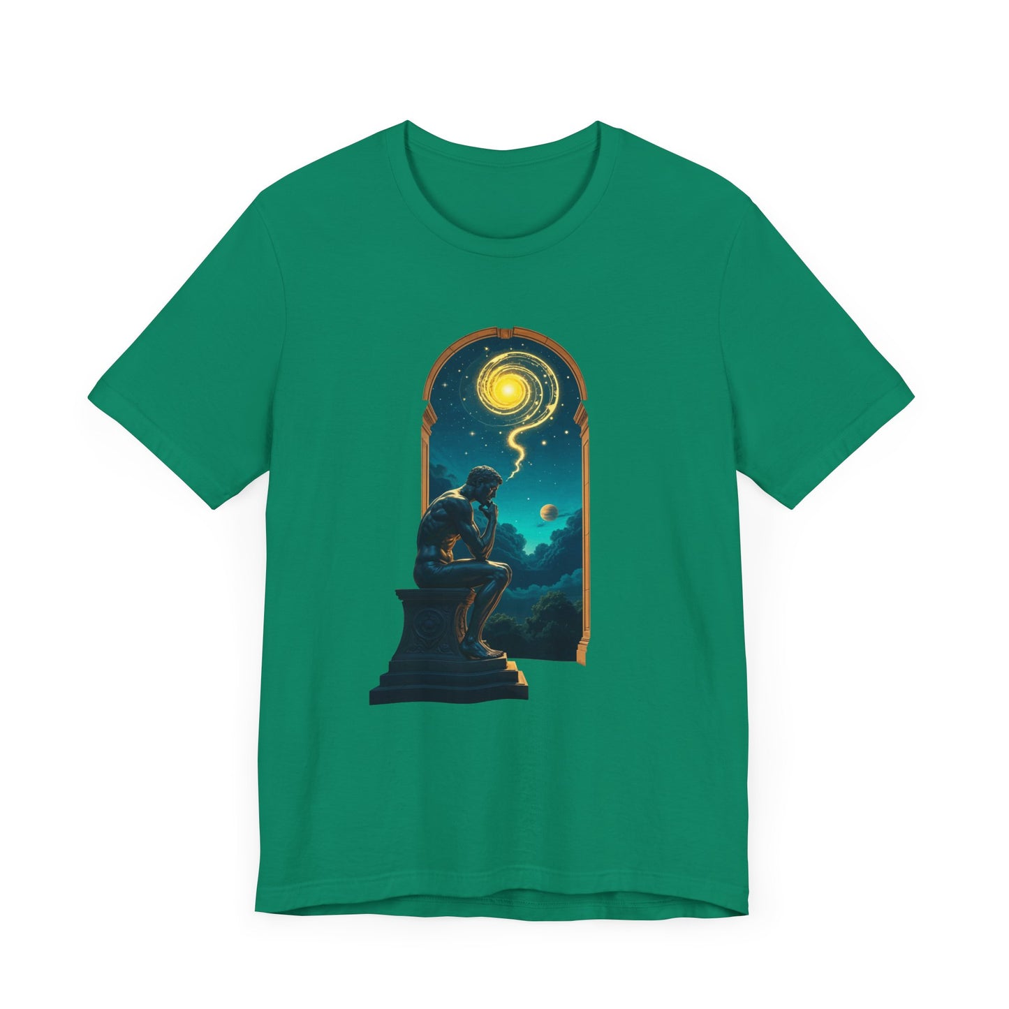 Muscular Statue Deep in Thought on Stage with Scenic Window View Graphic T-Shirt