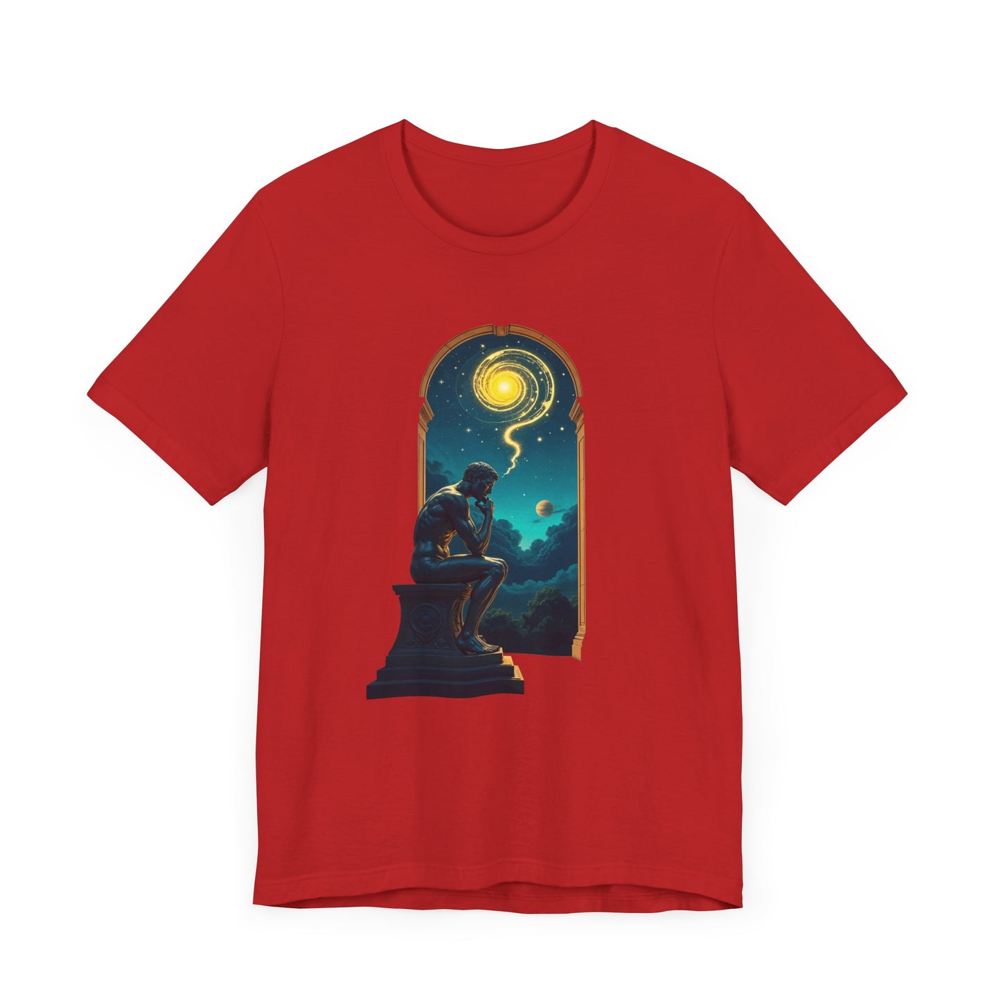 Muscular Statue Deep in Thought on Stage with Scenic Window View Graphic T-Shirt