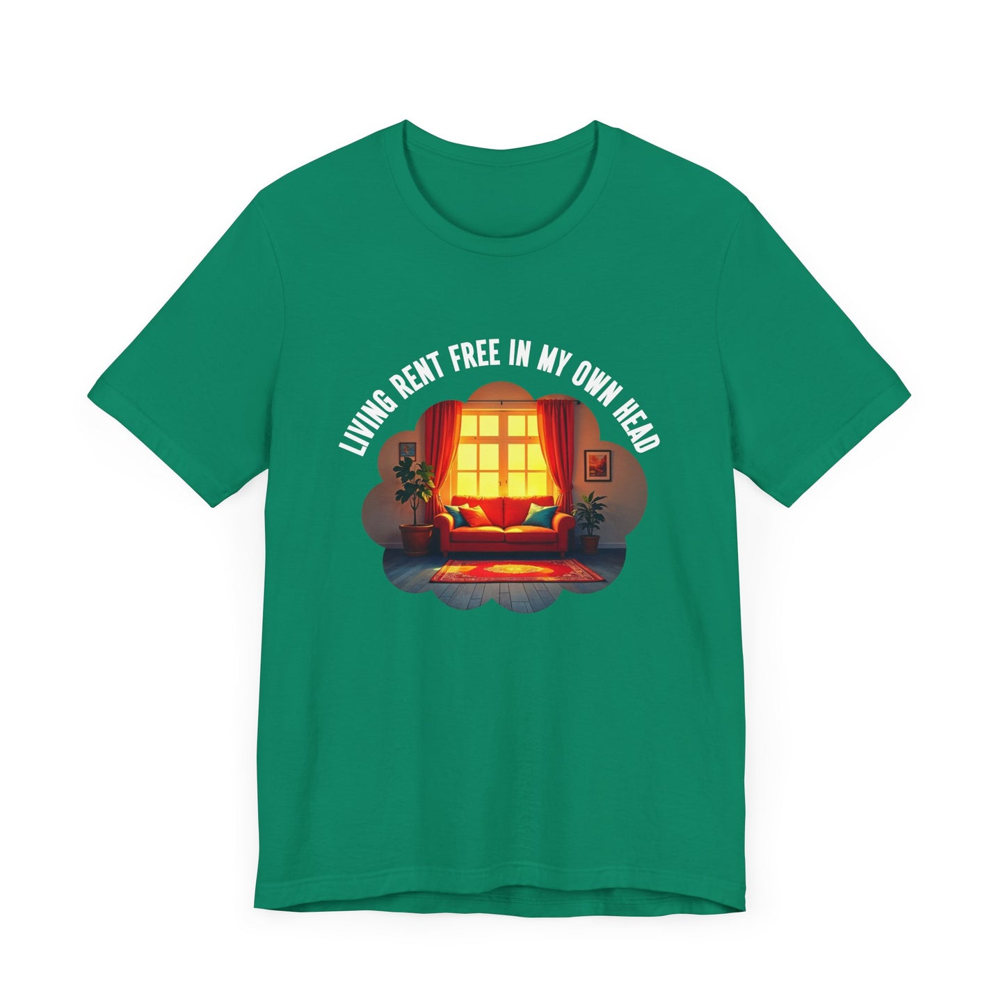 Living Rent Free in My Own Head – Cozy Living Room with Sofa & Sunlit Window Graphic T-Shirt