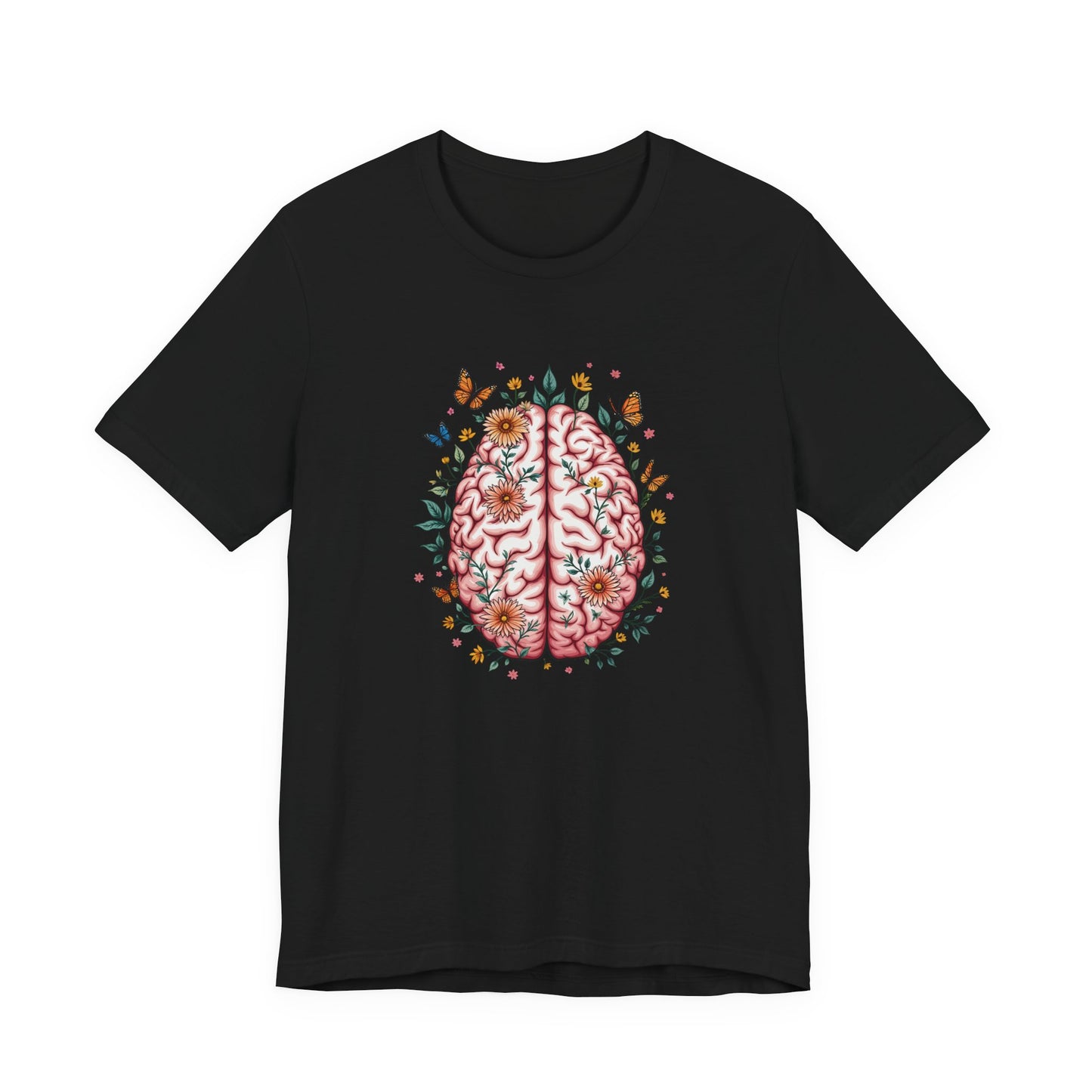 Human Brain with Flowers and Butterflies Tshirt – Artistic Floral Brain Graphic
