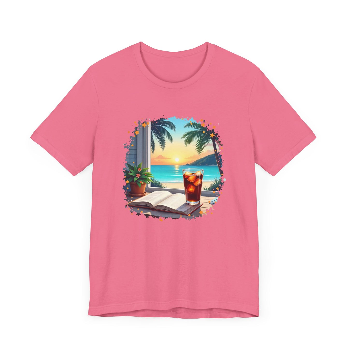 Romanticize Everything - Beachside Serenity – Table with Book, Drink & Flower Pot by Window Graphic T-Shirt