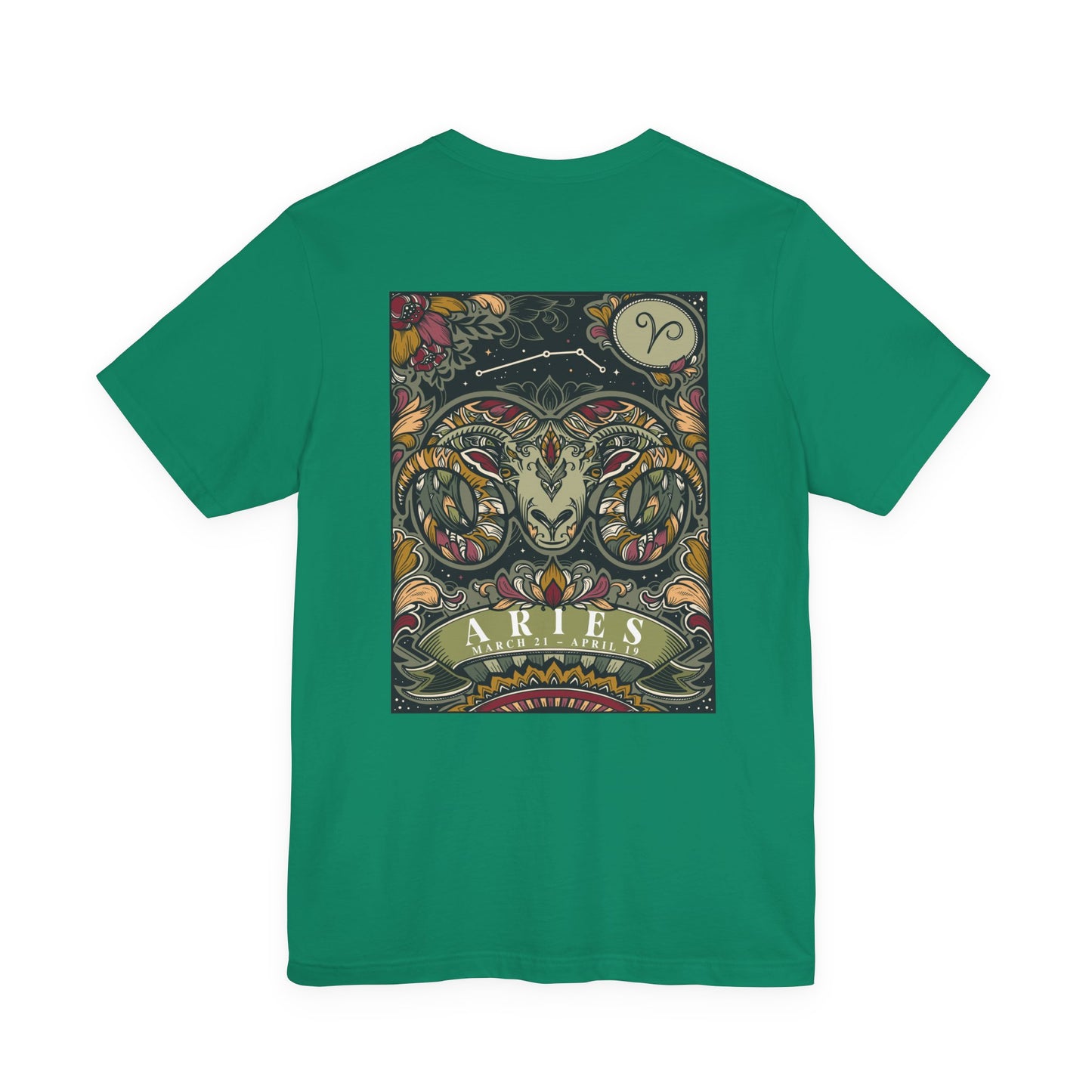 Aries Zodiac T-Shirt – Ram Head with Constellation and Floral Background