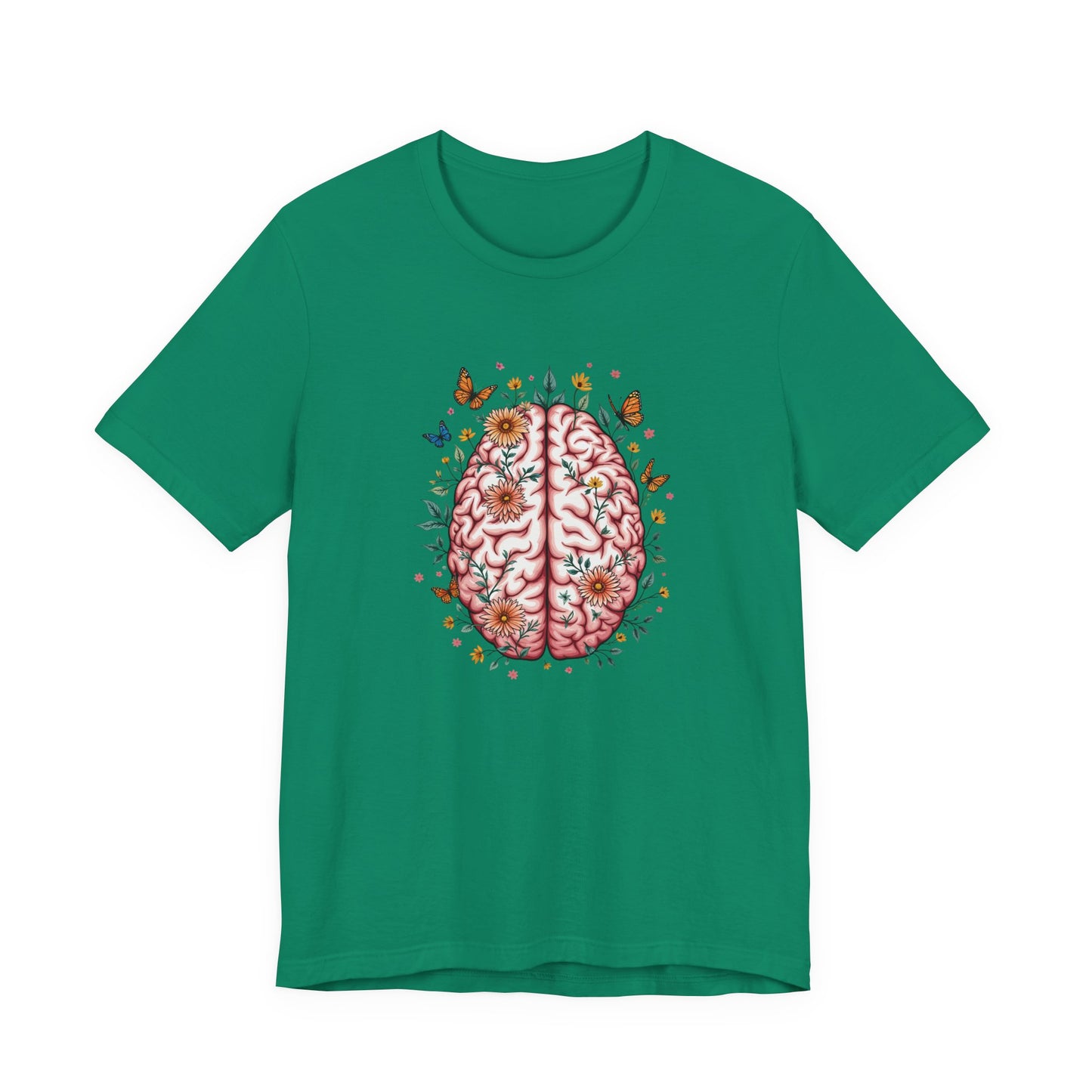 Human Brain with Flowers and Butterflies Tshirt – Artistic Floral Brain Graphic