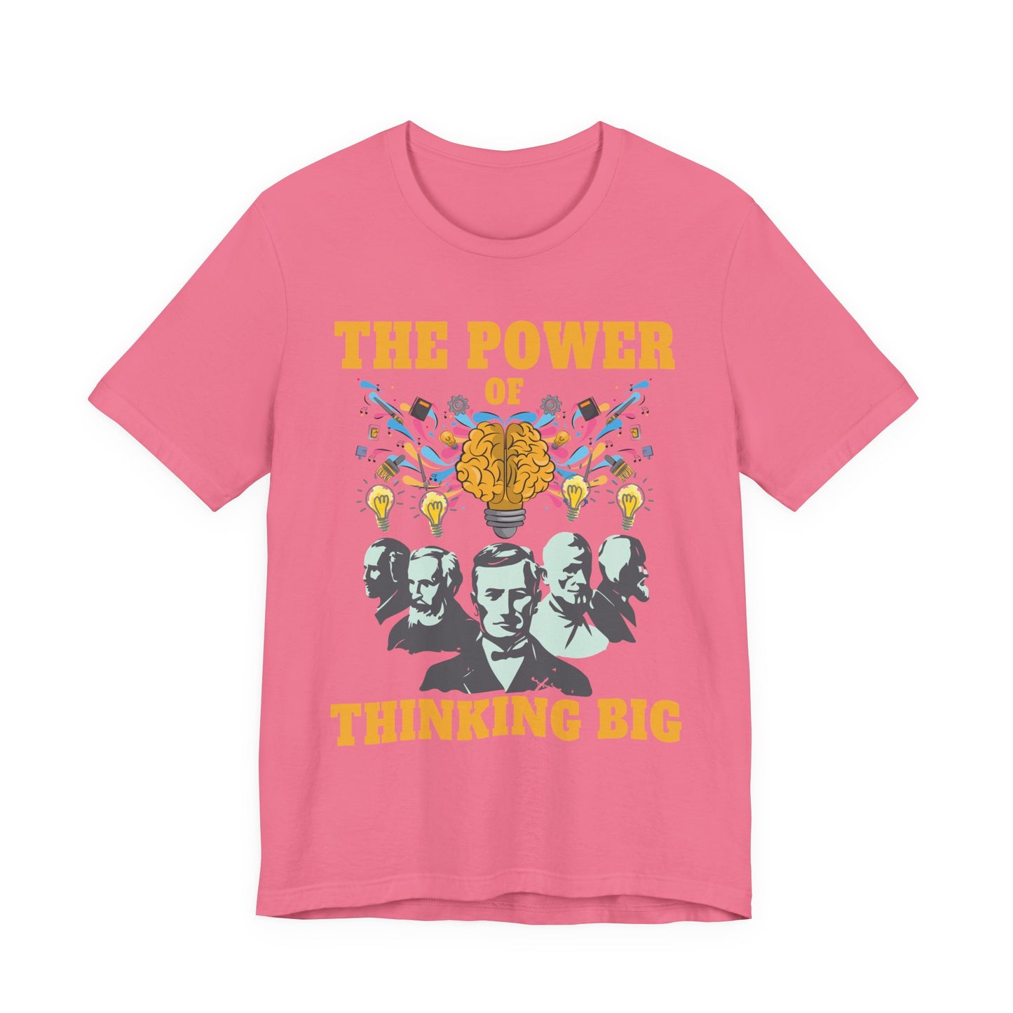 The Power of Thinking Big Tshirt – Brain with Great Scientists and Glowing Bulb Graphic
