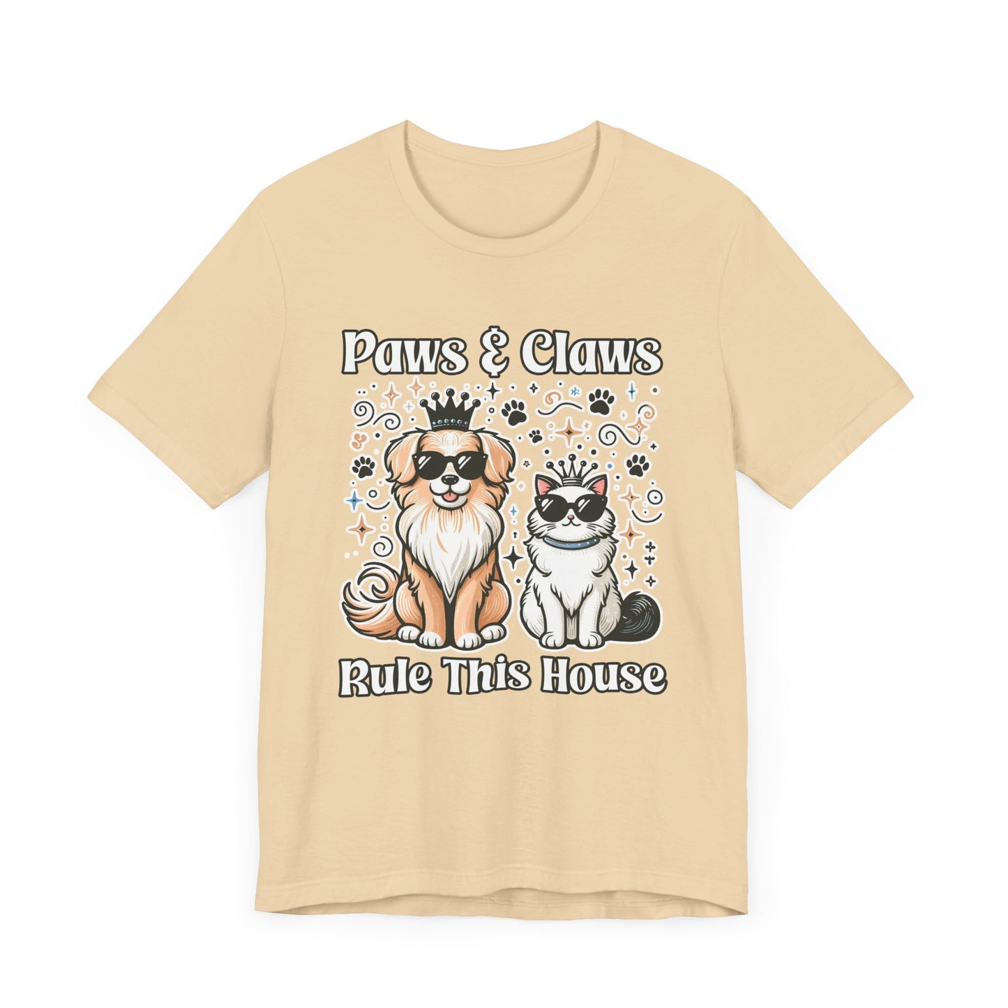 Paws and Claws Rule the House | Smiling Dog & Cat with Paw Shapes T-Shirt