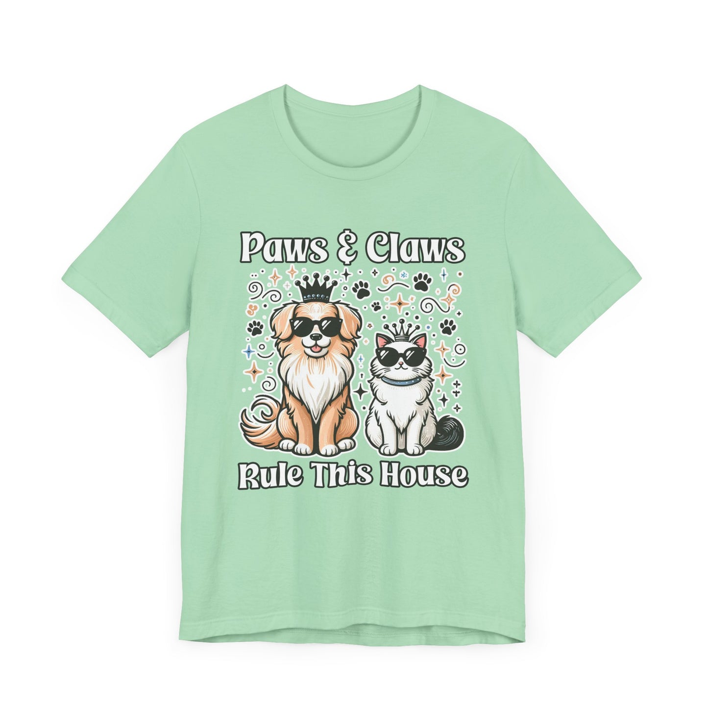 Paws and Claws Rule the House | Smiling Dog & Cat with Paw Shapes T-Shirt