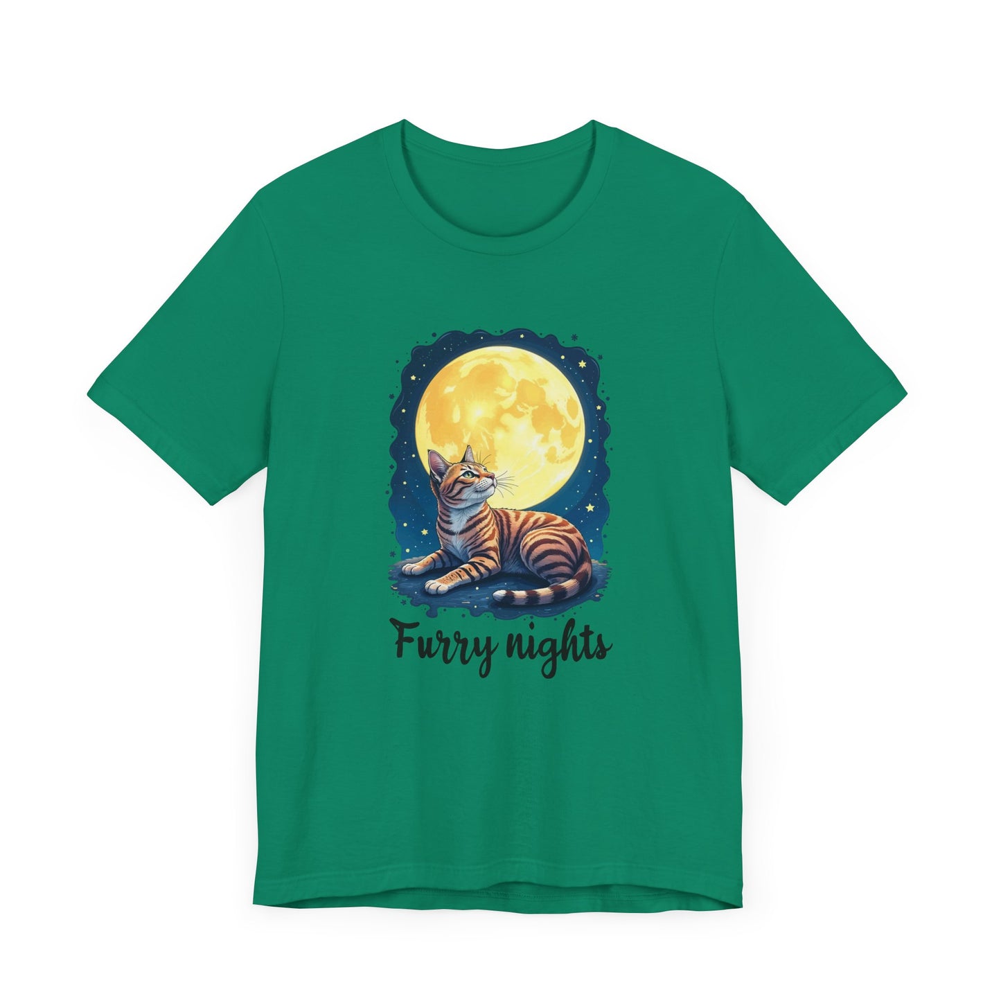 Moon Bath - Furry Nights – Cat Watching Full Moon and Starry Sky Graphic T-Shirt
