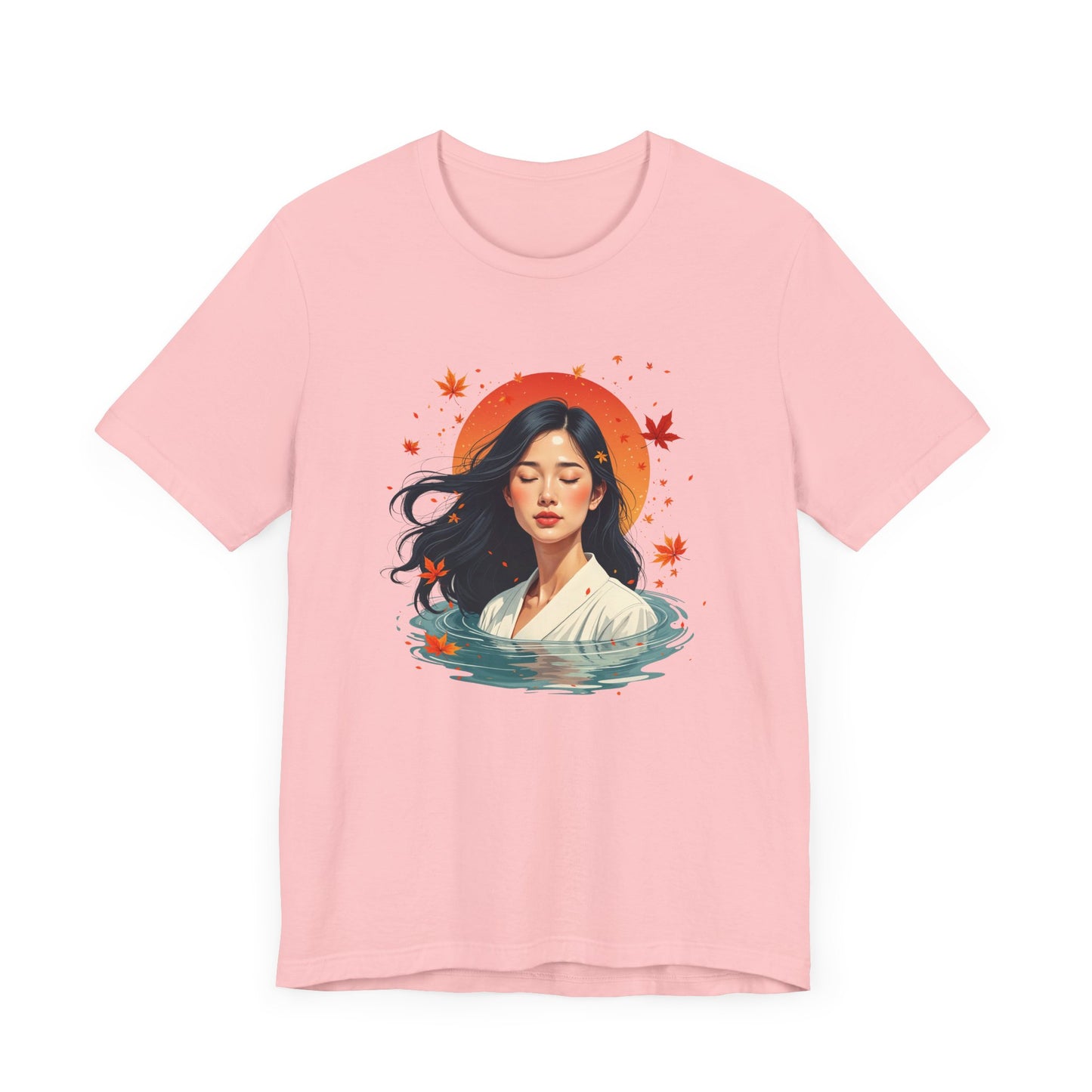 Serene Woman in White Dress Chest-Deep in Water with Sunset and Falling Leaves Graphic T-Shirt