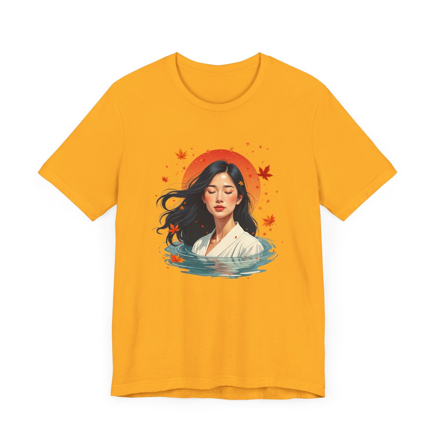 Serene Woman in White Dress Chest-Deep in Water with Sunset and Falling Leaves Graphic T-Shirt