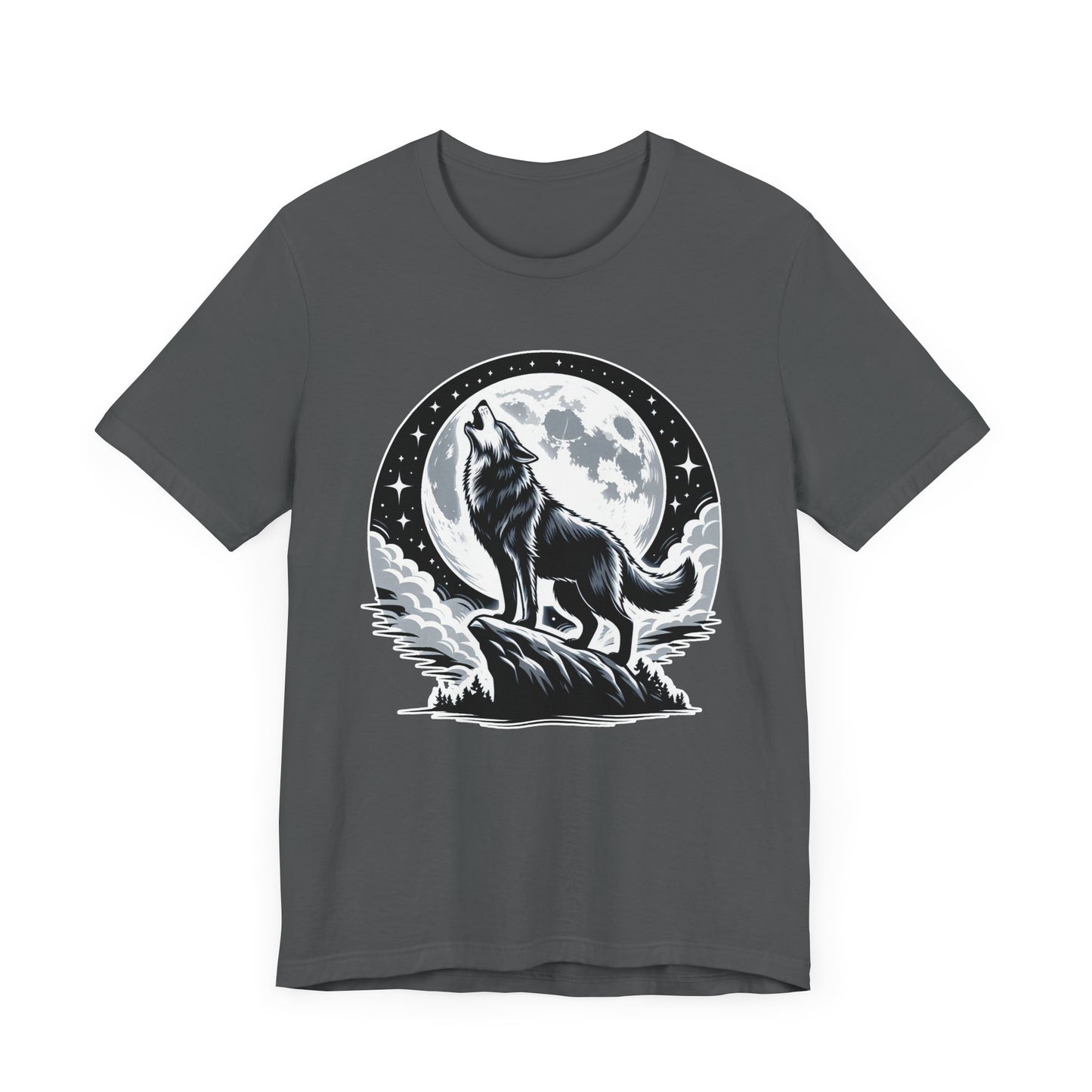 Mystical and Wild - Wolf Howling on Mountain Edge with Full Moon and Stars Graphic T-Shirt