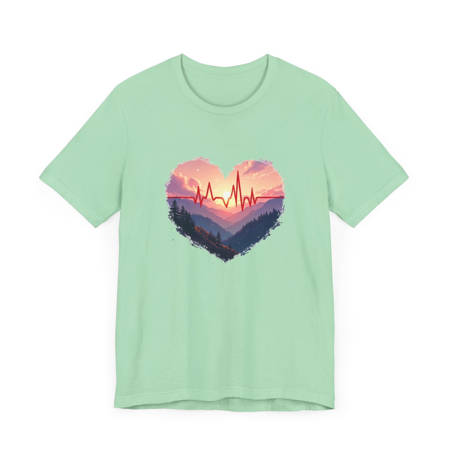Heart-Shaped Majestic Mountains Landscape with Bold Red Lifeline Graphic T-Shirt