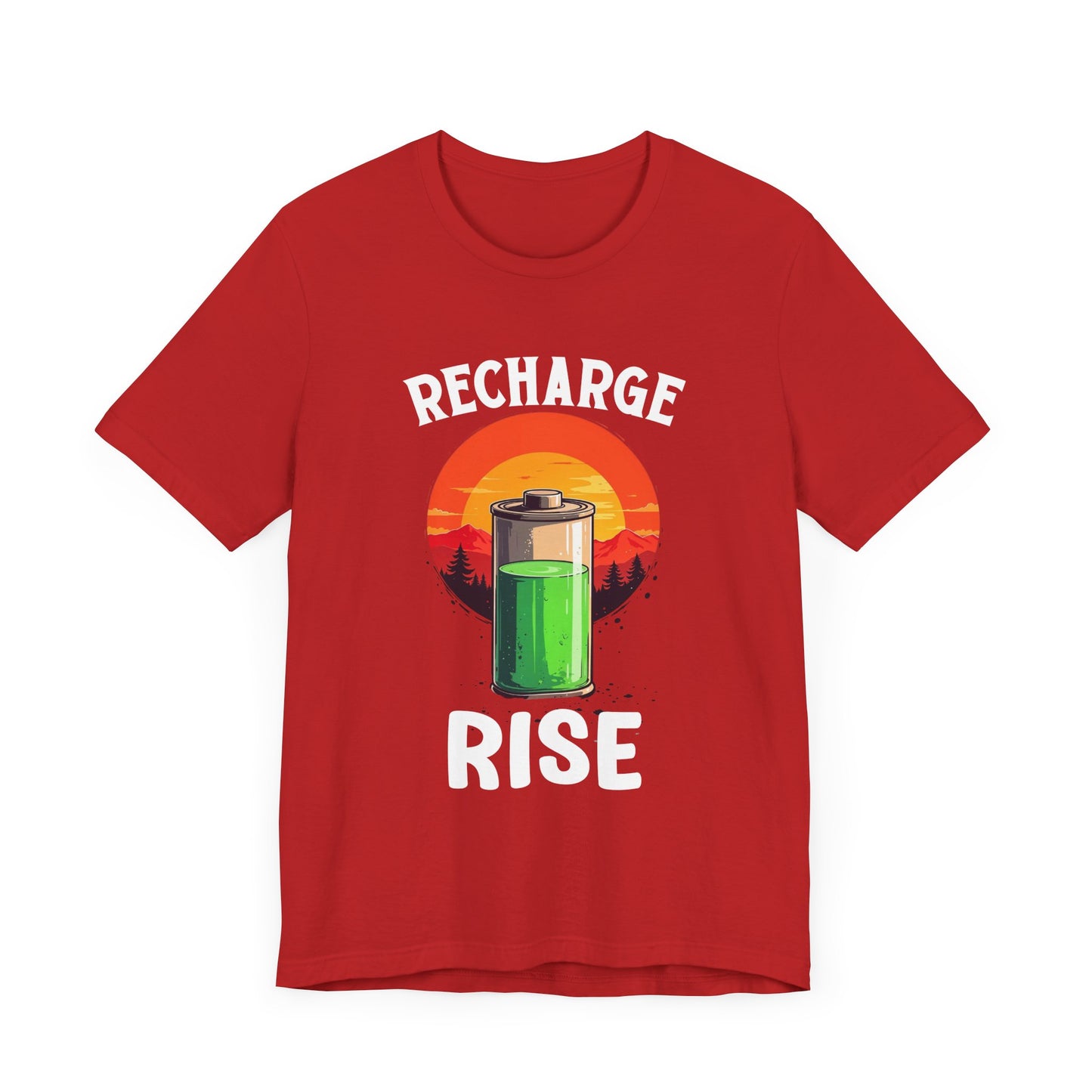 Recharge and Rise T-Shirt – Motivational Battery and Sunrise Graphic Tee