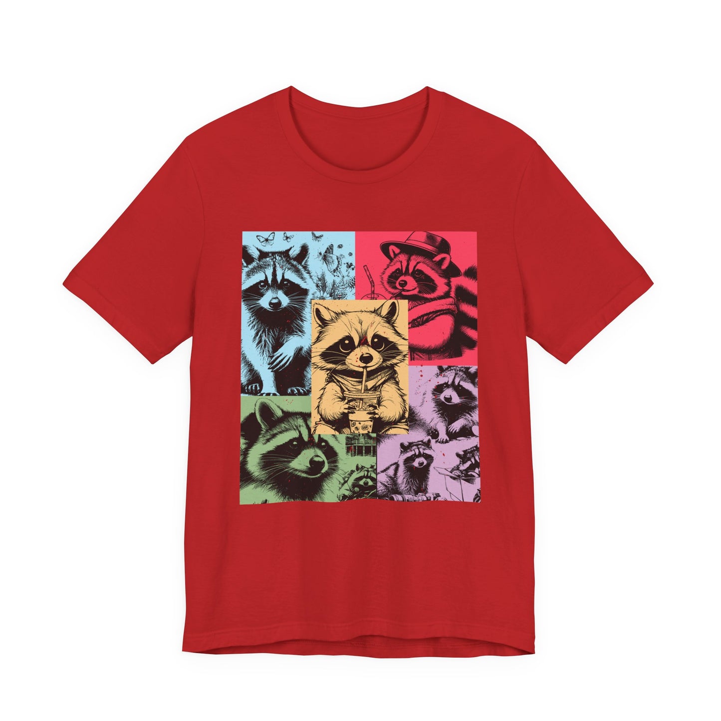 Colorful Raccoons T-Shirt – Playful Multi-Color Raccoons with Sipping Raccoon Graphic