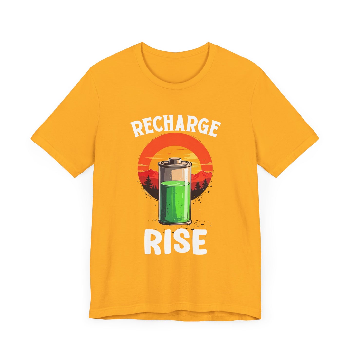 Recharge and Rise T-Shirt – Motivational Battery and Sunrise Graphic Tee