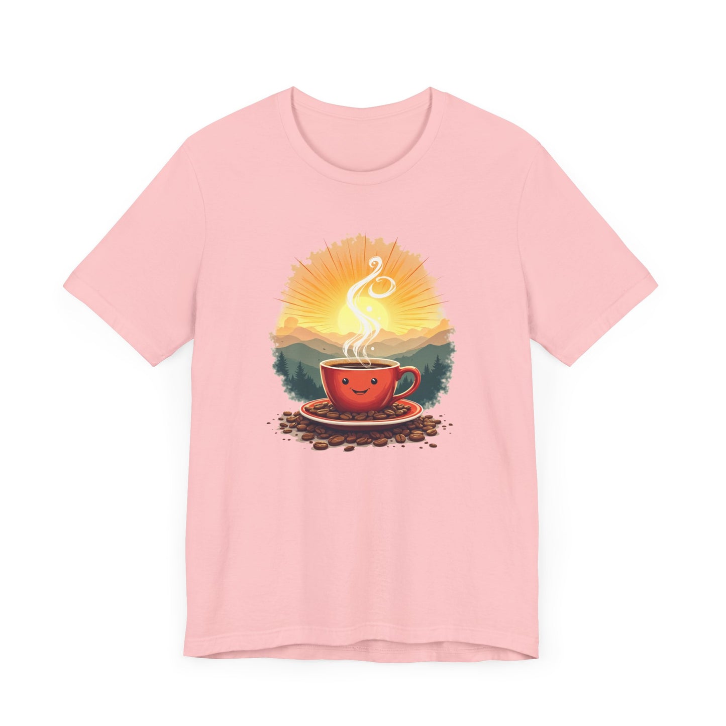 Sunrise Coffee Cup with Coffee Beans and Radiant Morning Glow Graphic T-Shirt