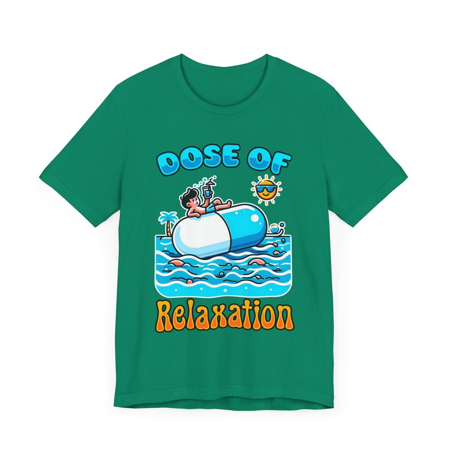 Dose of Relaxation | Boy Sitting on Pill Floating on Water with Drink, Sun & Palm Tree Graphic T-Shirt
