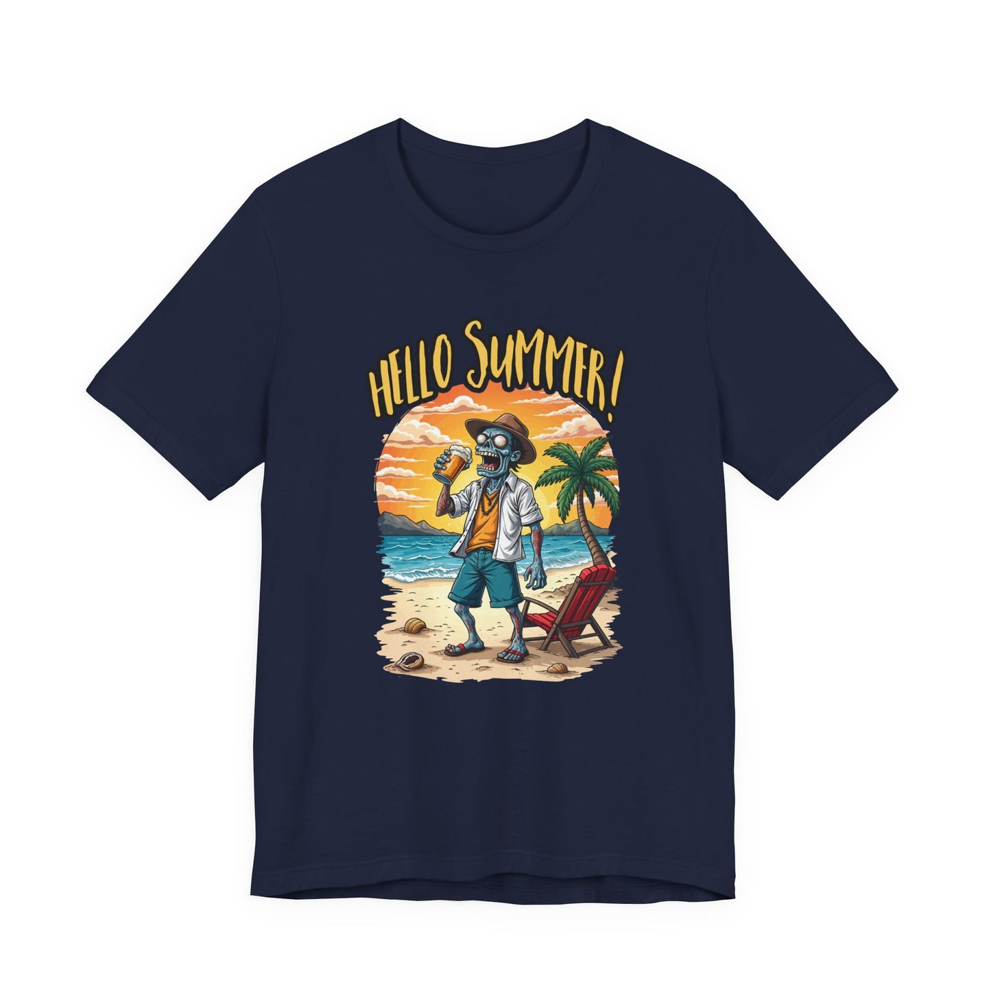 Hello Summer Tshirt Old Zombie with Cap, Beer Glass, Beach, Palm Trees & Reclining Chair