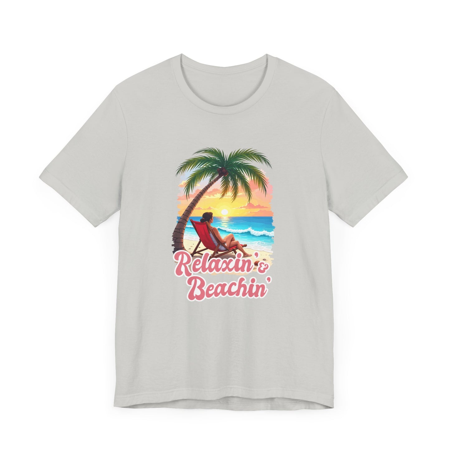 Recharge Mode Relaxin & Beachin' – Woman Lounging Under Palm Tree Beach Scene T-Shirt