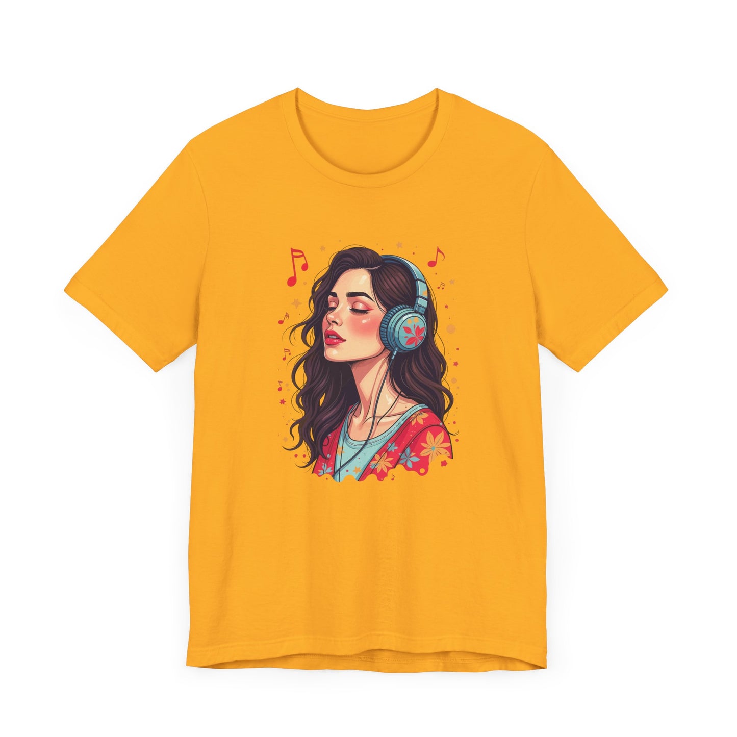 Quietly Loud – Woman with Headphones, Leaf Pattern Dress & Expressive Music Notes Graphic T-Shirt