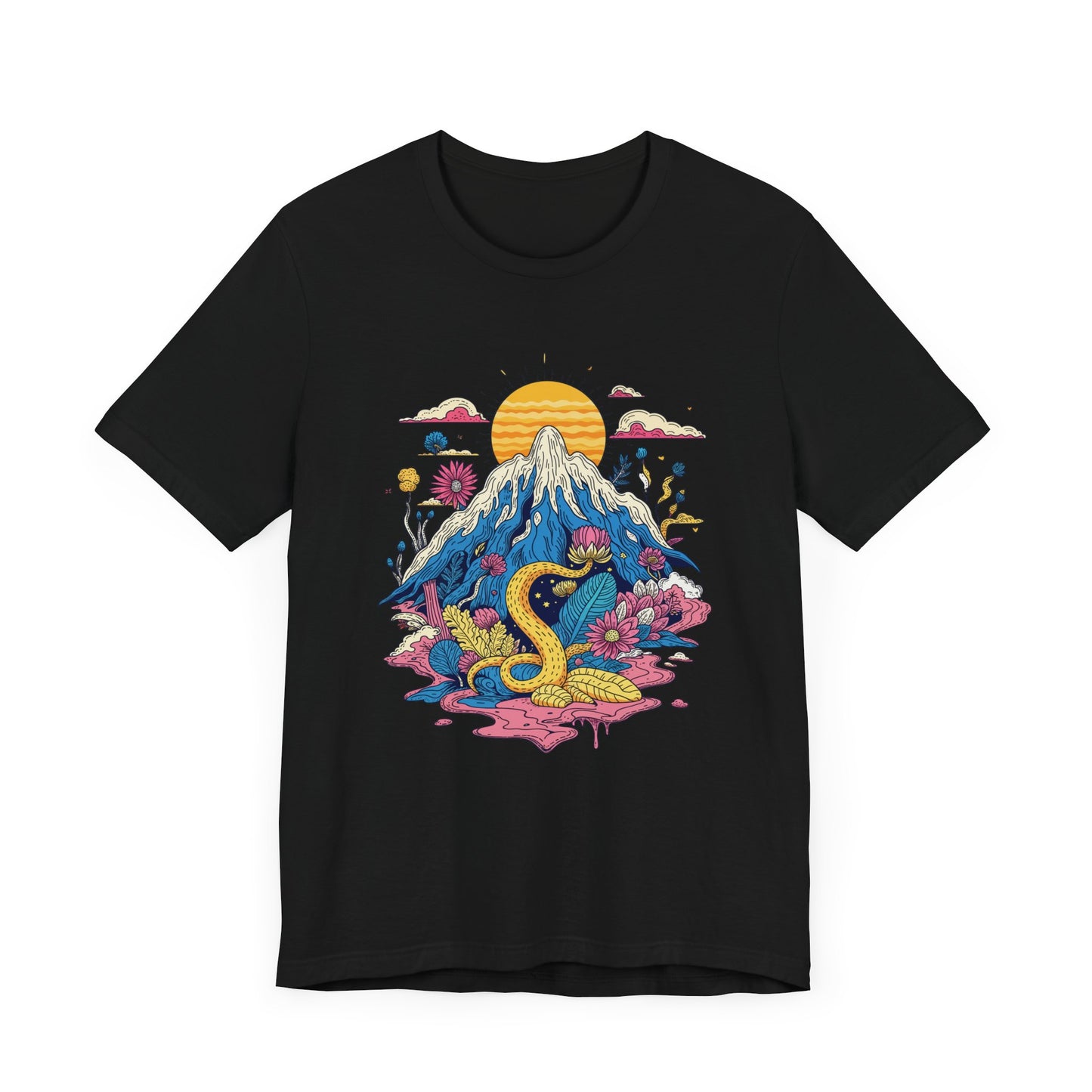 Psychological Jungle Mountain – Psychedelic Sun and Jungle Landscape Graphic T-Shirt
