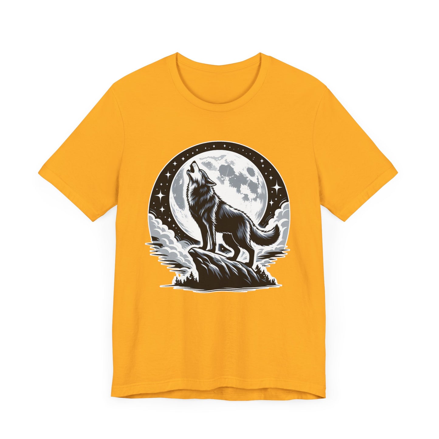 Mystical and Wild - Wolf Howling on Mountain Edge with Full Moon and Stars Graphic T-Shirt