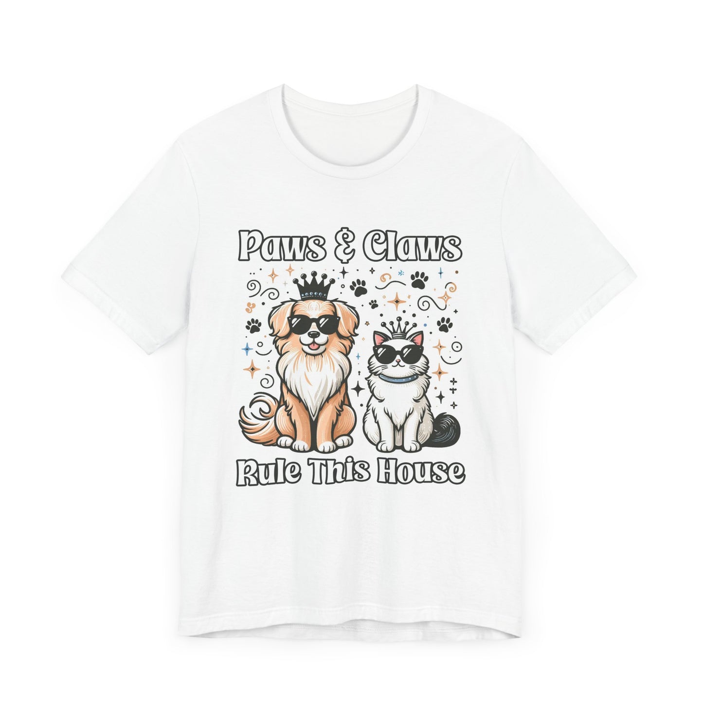 Paws and Claws Rule the House | Smiling Dog & Cat with Paw Shapes T-Shirt