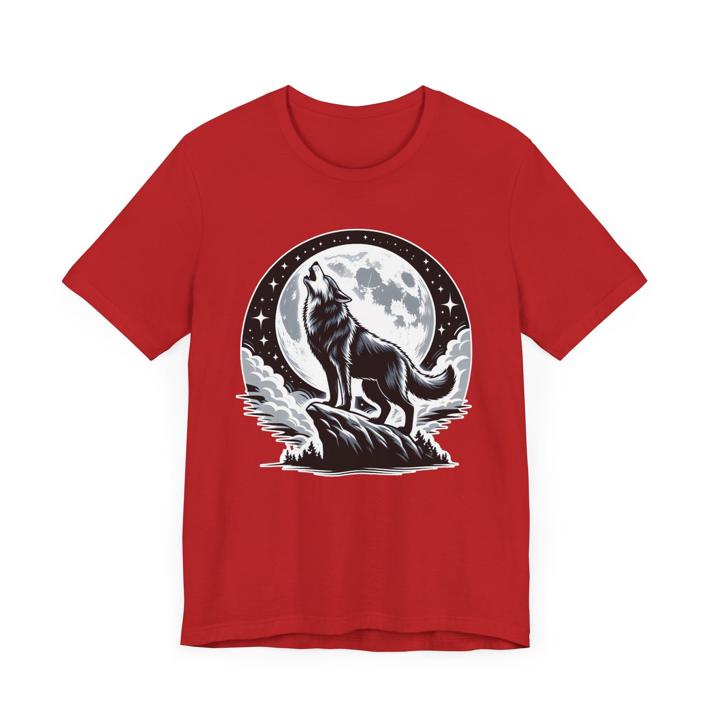 Mystical and Wild - Wolf Howling on Mountain Edge with Full Moon and Stars Graphic T-Shirt