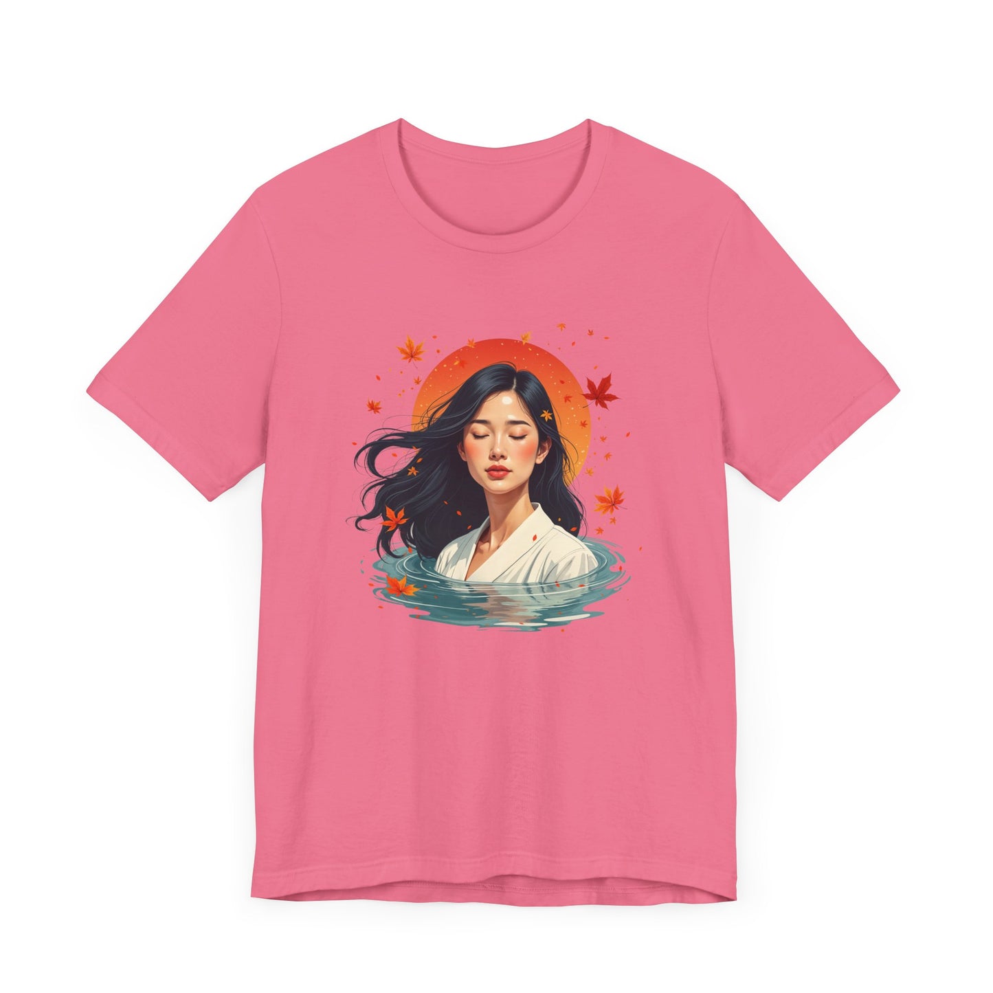 Serene Woman in White Dress Chest-Deep in Water with Sunset and Falling Leaves Graphic T-Shirt