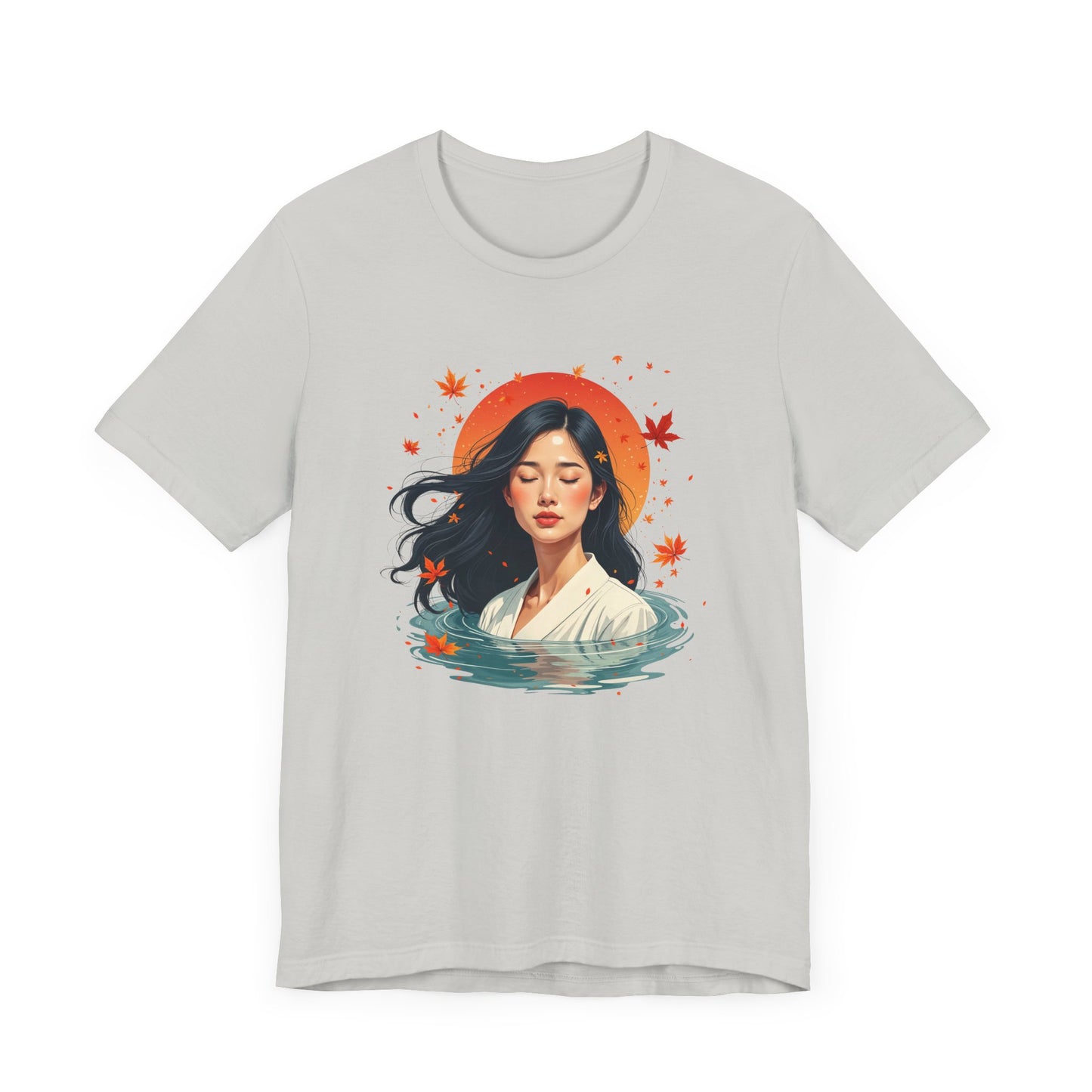 Serene Woman in White Dress Chest-Deep in Water with Sunset and Falling Leaves Graphic T-Shirt