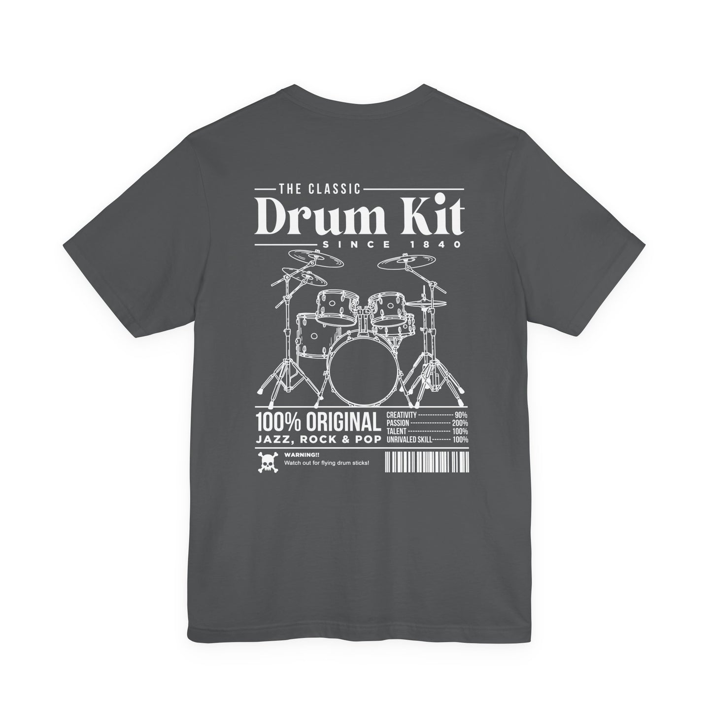 The Classic Drum Kit T-Shirt – Vintage Design with Bold Music Stats & Warning