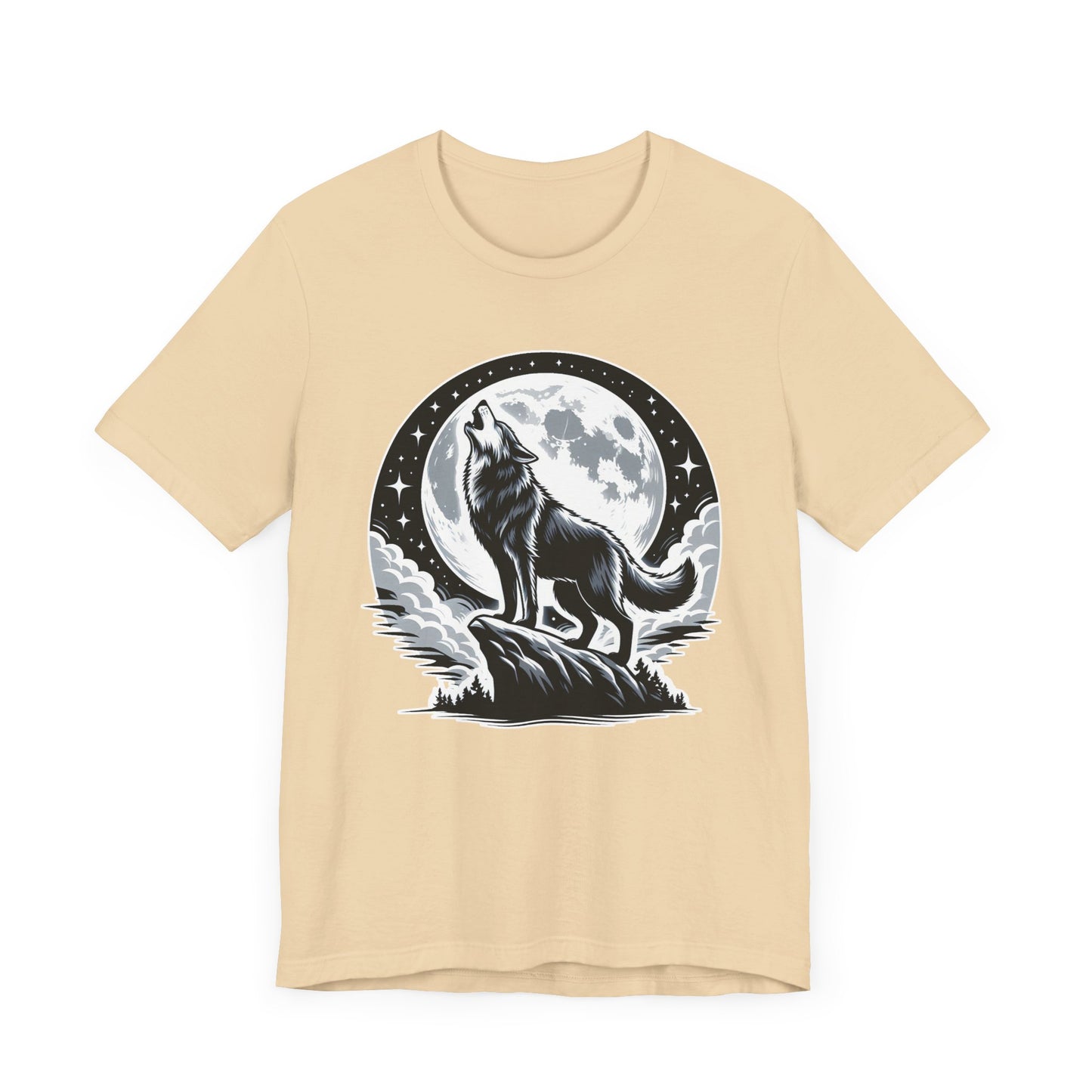 Mystical and Wild - Wolf Howling on Mountain Edge with Full Moon and Stars Graphic T-Shirt