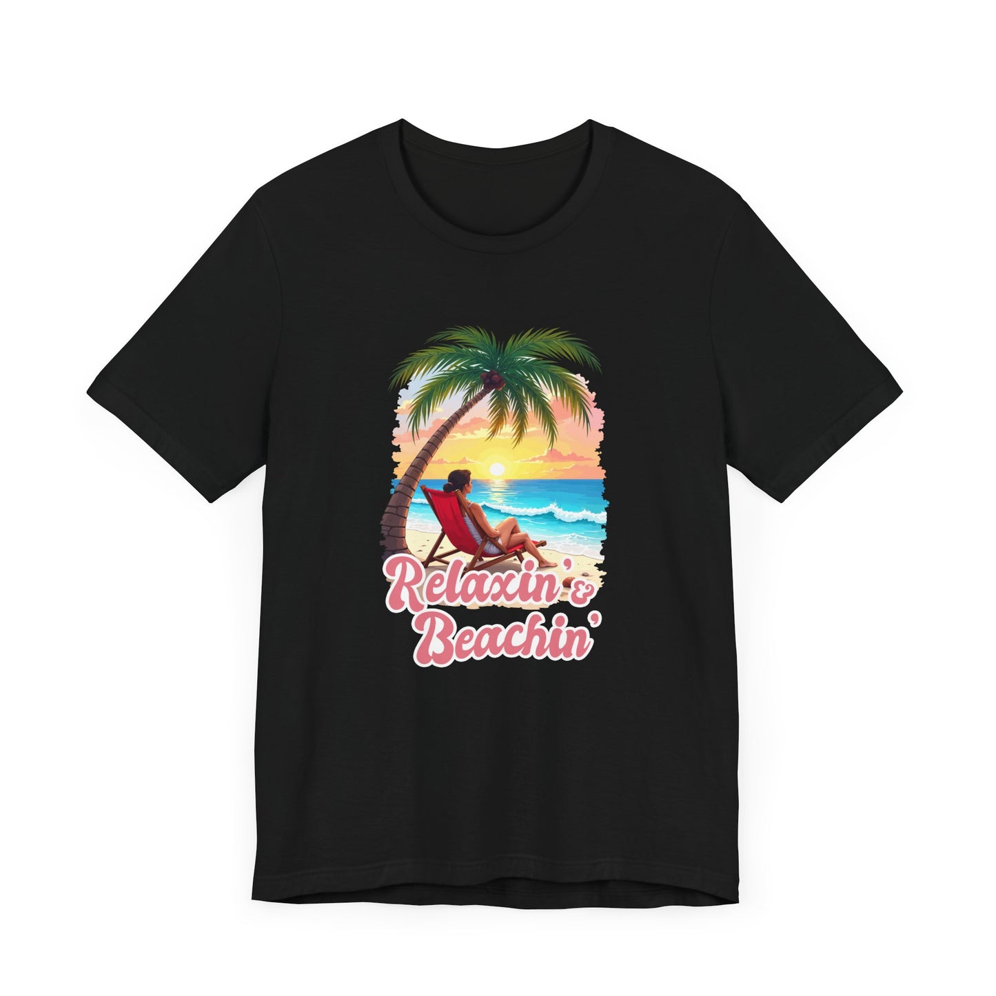 Recharge Mode Relaxin & Beachin' – Woman Lounging Under Palm Tree Beach Scene T-Shirt