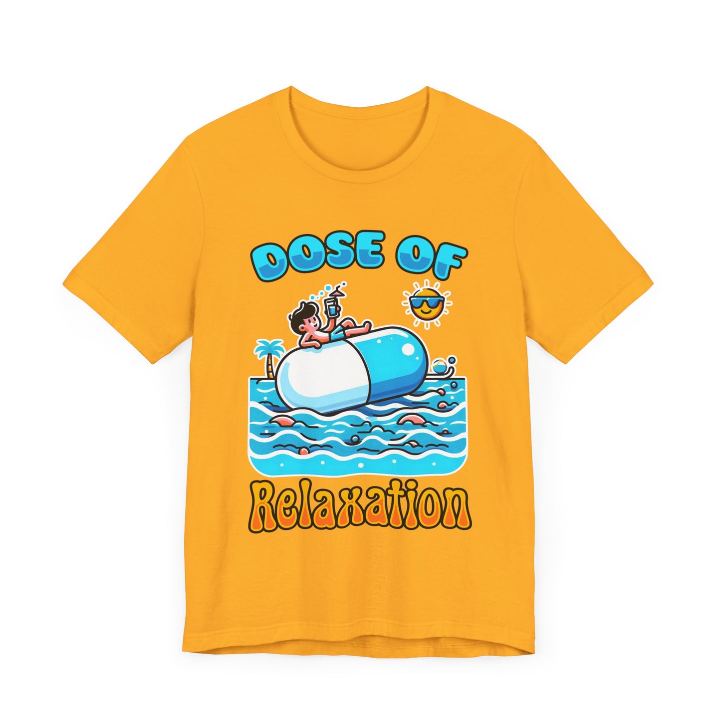 Dose of Relaxation | Boy Sitting on Pill Floating on Water with Drink, Sun & Palm Tree Graphic T-Shirt