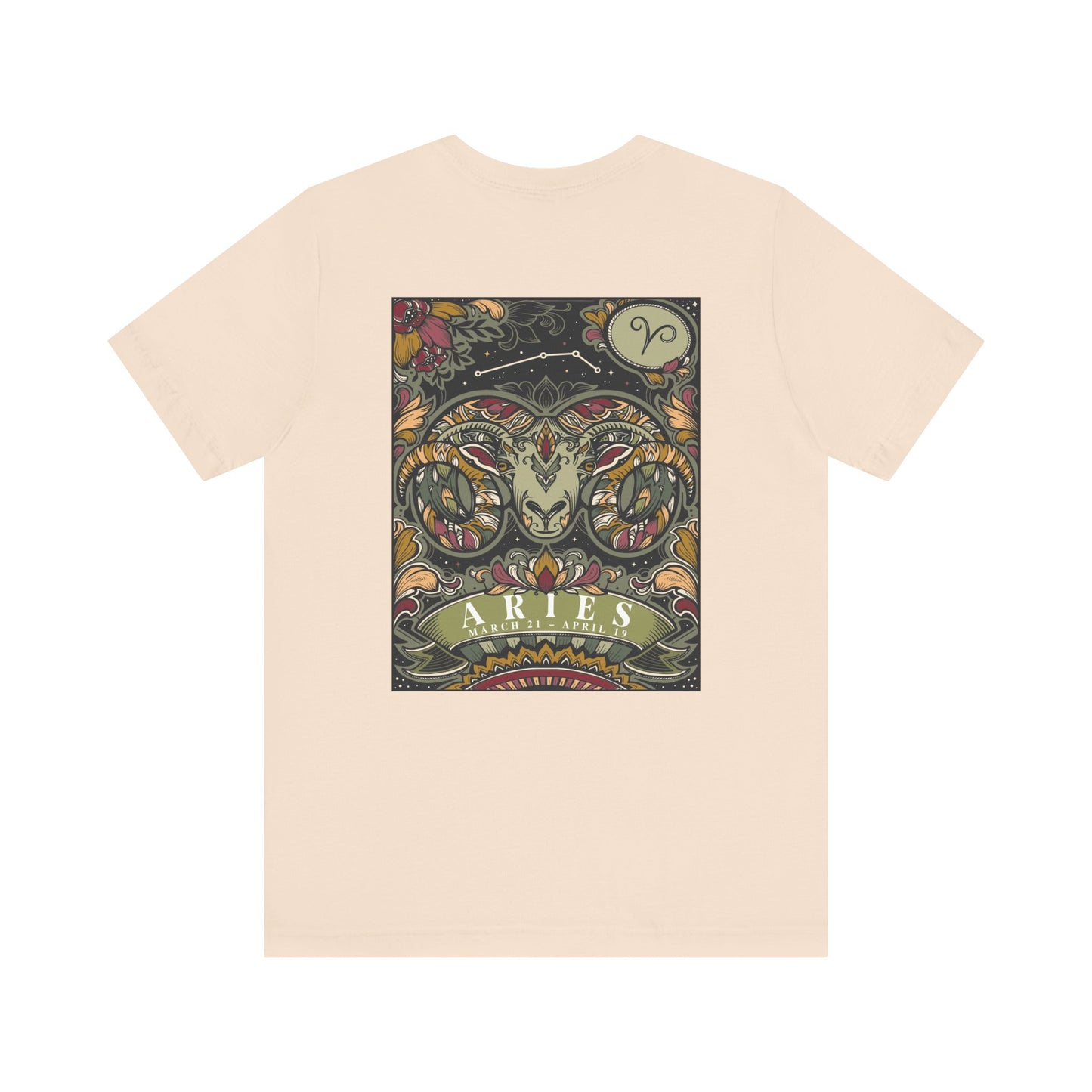 Aries Zodiac T-Shirt – Ram Head with Constellation and Floral Background