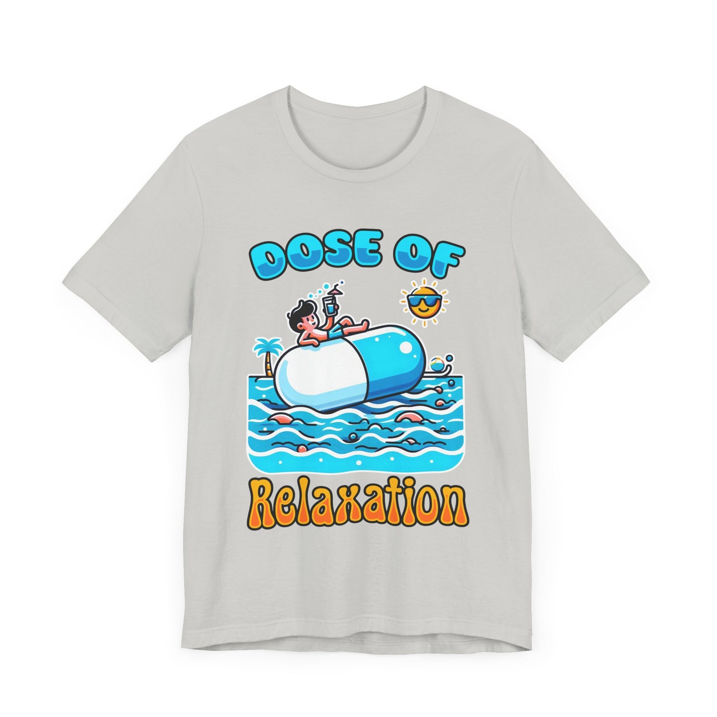 Dose of Relaxation | Boy Sitting on Pill Floating on Water with Drink, Sun & Palm Tree Graphic T-Shirt