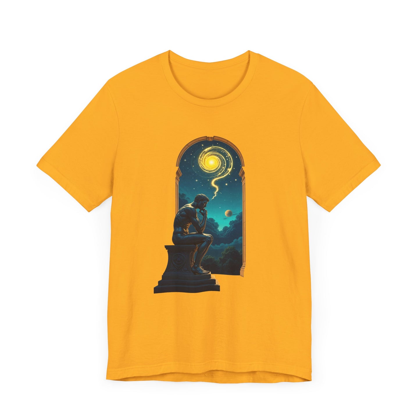 Muscular Statue Deep in Thought on Stage with Scenic Window View Graphic T-Shirt