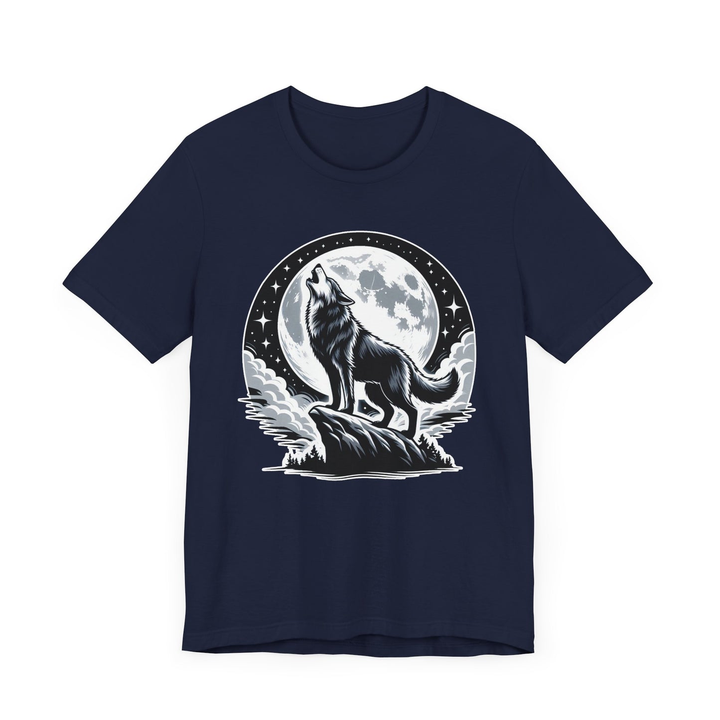 Mystical and Wild - Wolf Howling on Mountain Edge with Full Moon and Stars Graphic T-Shirt