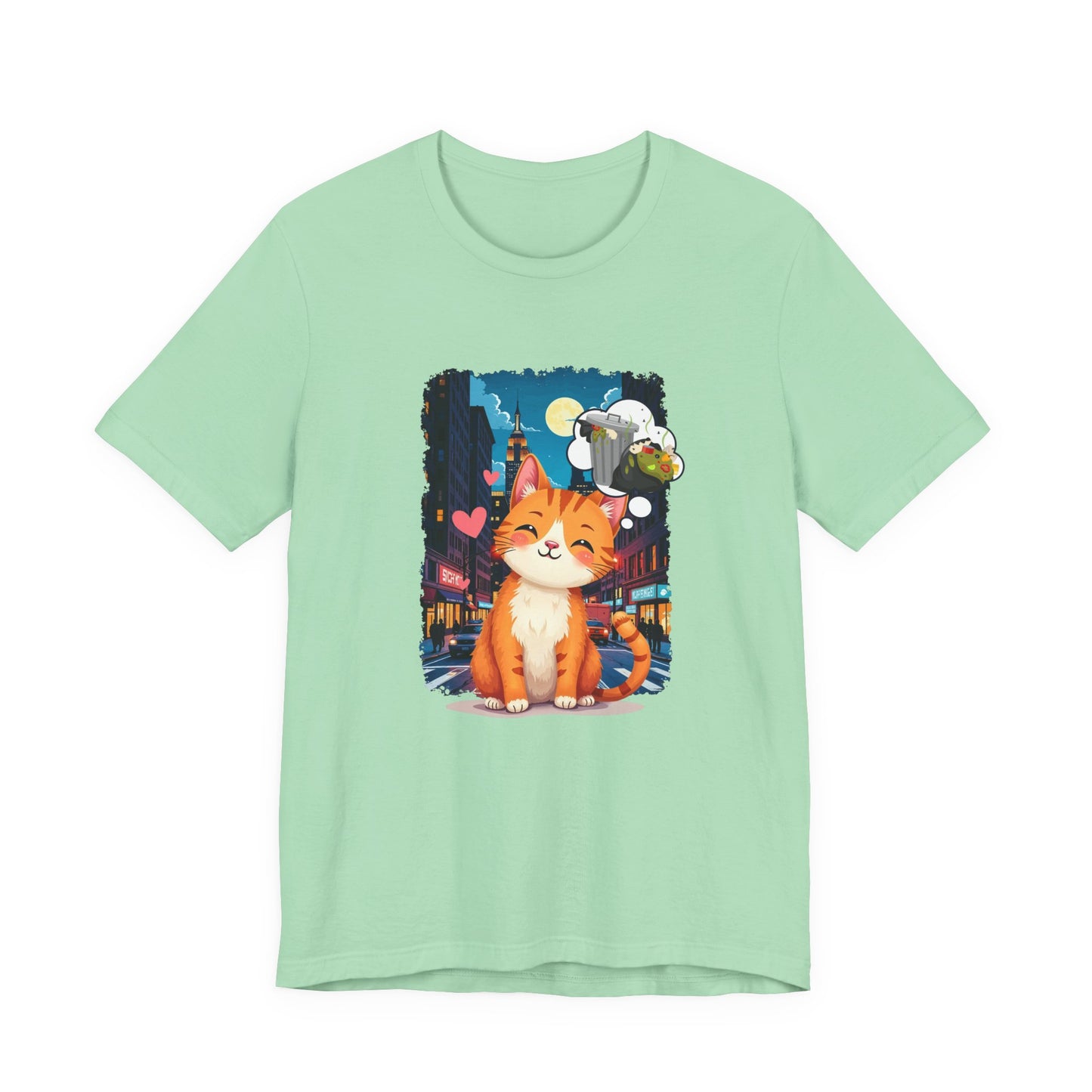 City Cat Dreams – Happy Orange Cat with Urban Garbage Thought Bubble Graphic T-Shirt