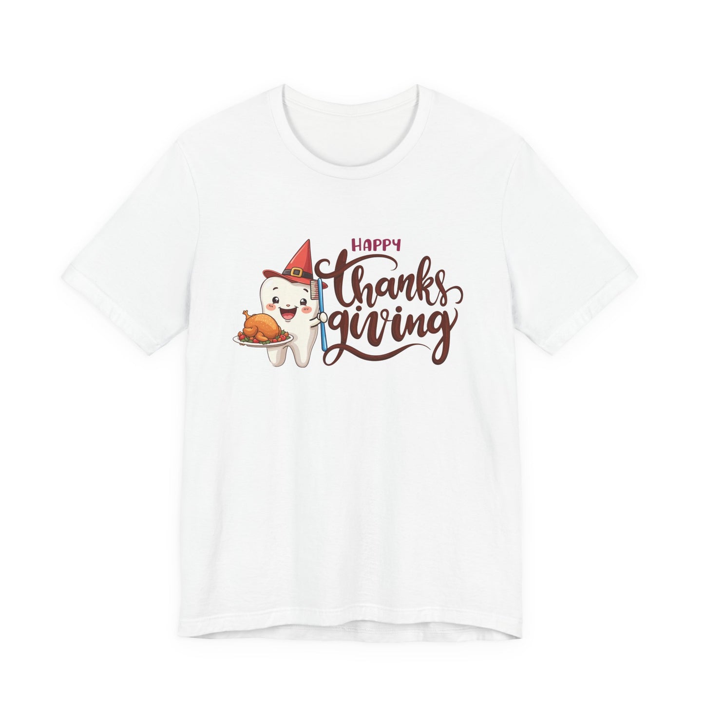 Happy Thanksgiving Dental T Shirt Smiling Tooth with Turkey Plate, Toothbrush, and a Cap