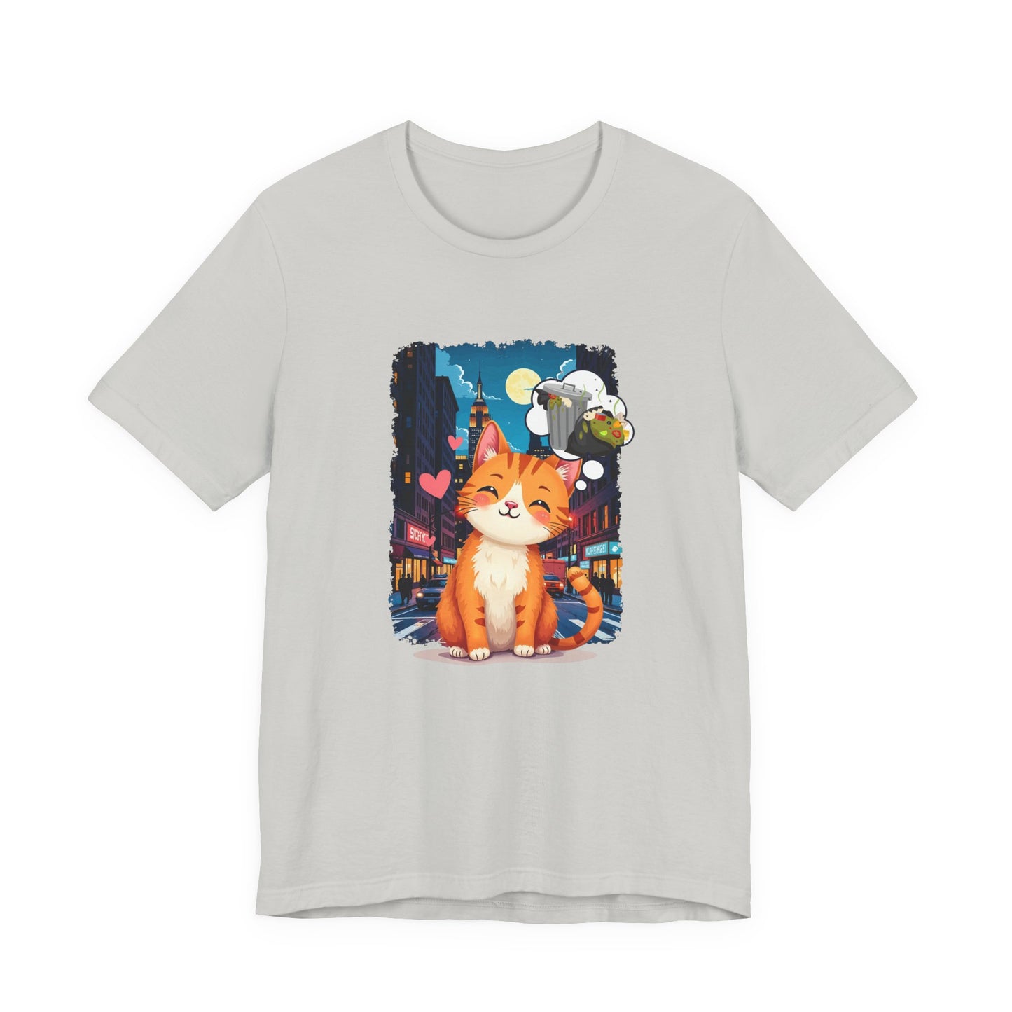 City Cat Dreams – Happy Orange Cat with Urban Garbage Thought Bubble Graphic T-Shirt