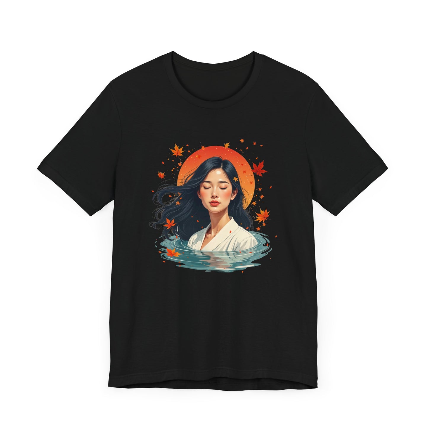 Serene Woman in White Dress Chest-Deep in Water with Sunset and Falling Leaves Graphic T-Shirt