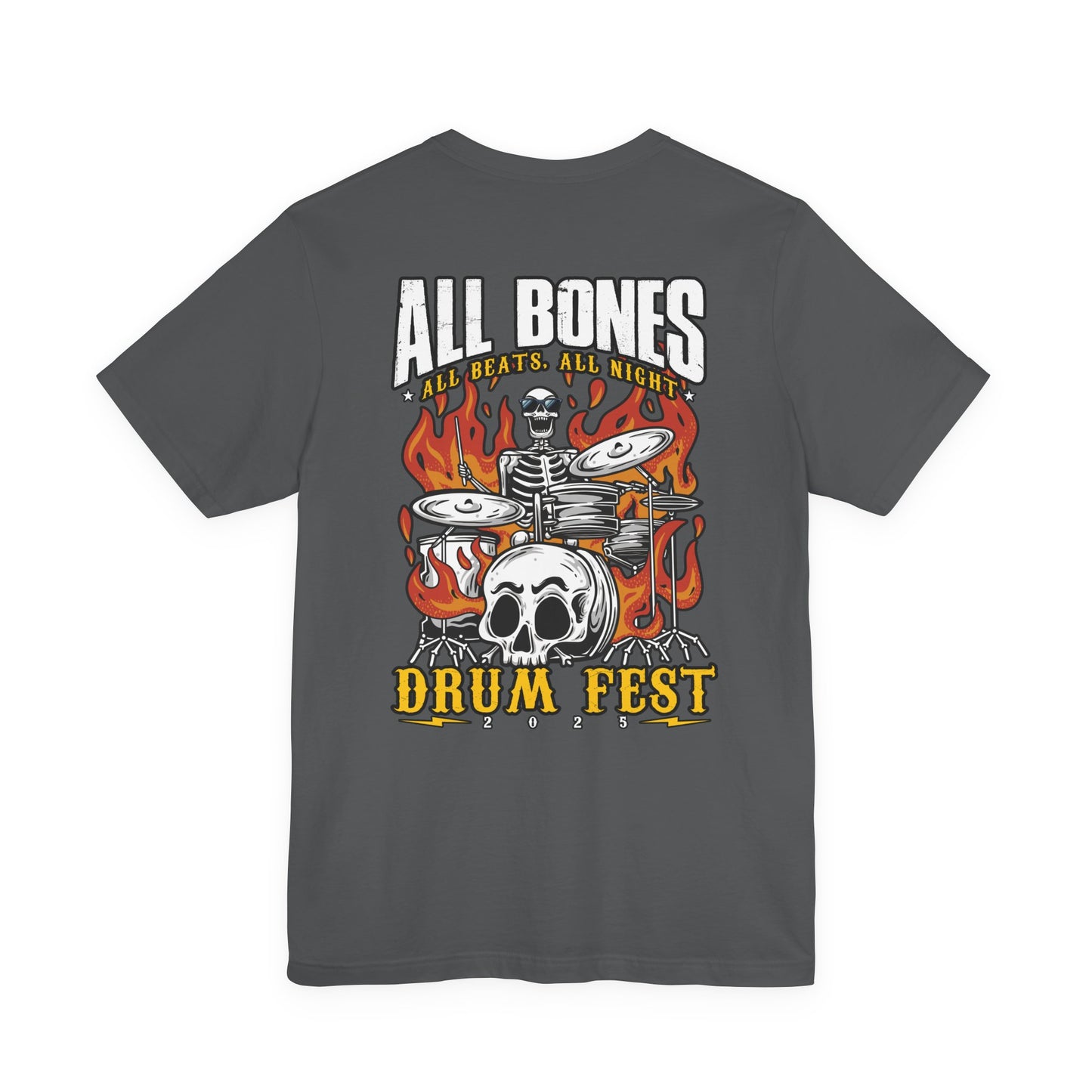 All Bones Drum Fest 2025 T-Shirt – Skeleton Drummer Fiery Rock Design