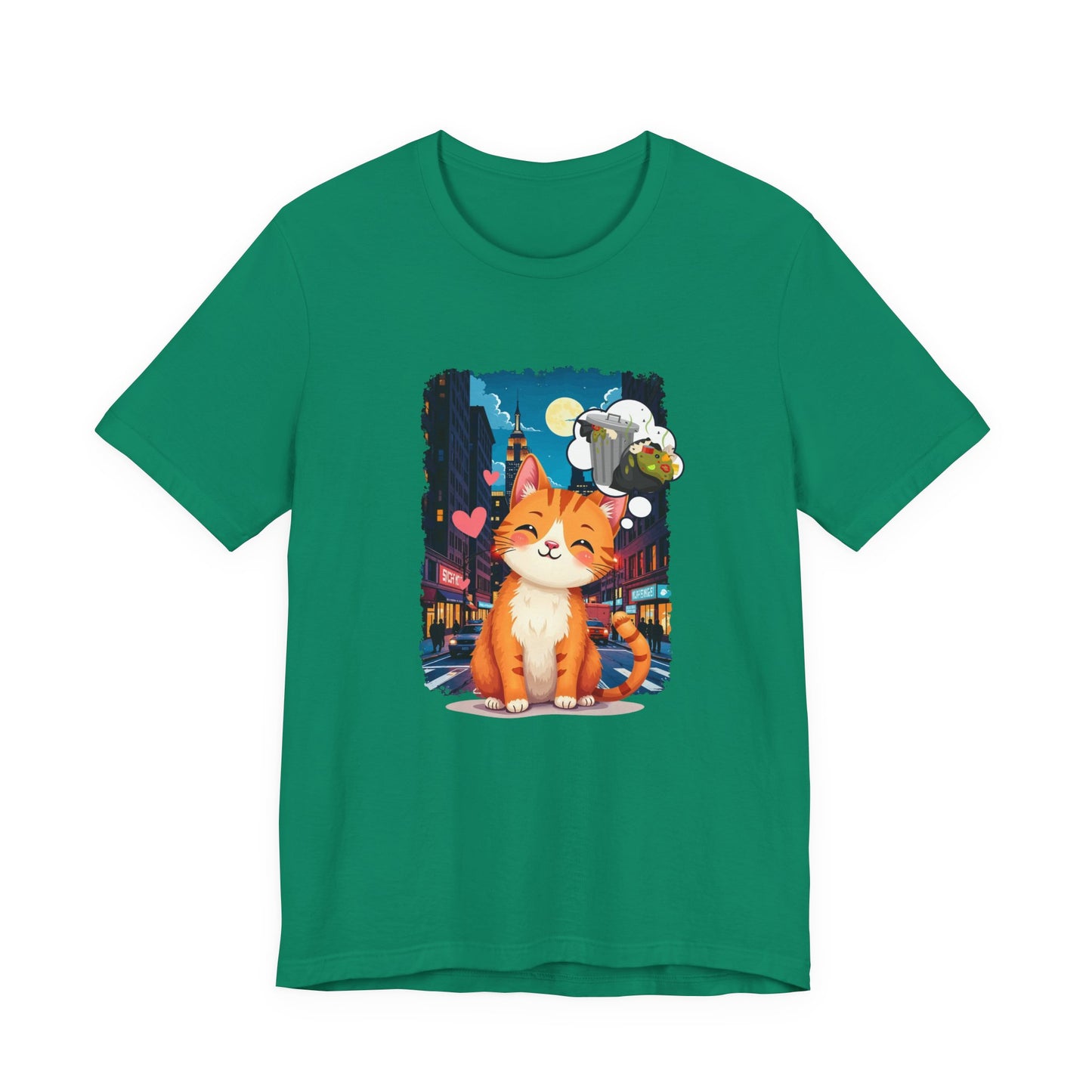 City Cat Dreams – Happy Orange Cat with Urban Garbage Thought Bubble Graphic T-Shirt