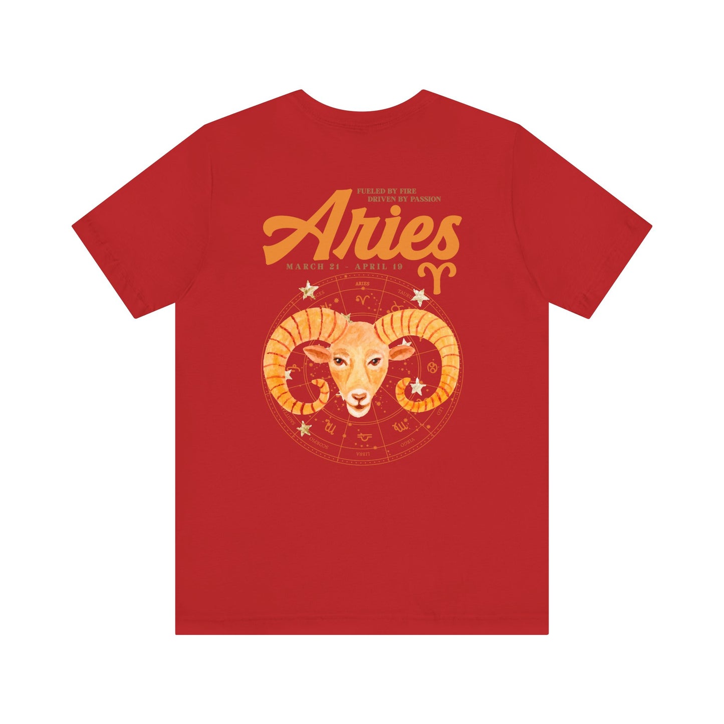 Aries Fueled by Fire T-Shirt – Ram Head with Zodiac Astrological Wheel