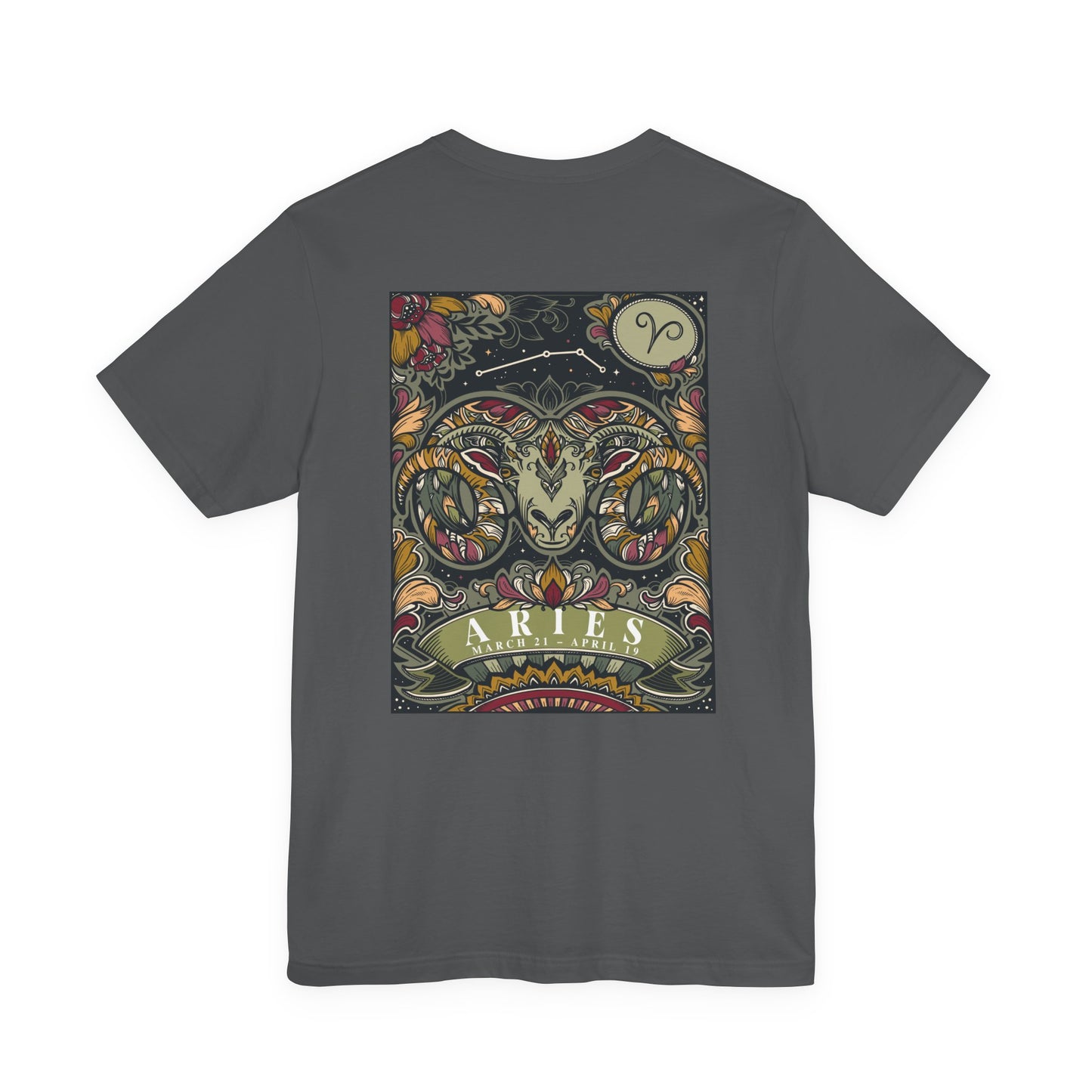 Aries Zodiac T-Shirt – Ram Head with Constellation and Floral Background