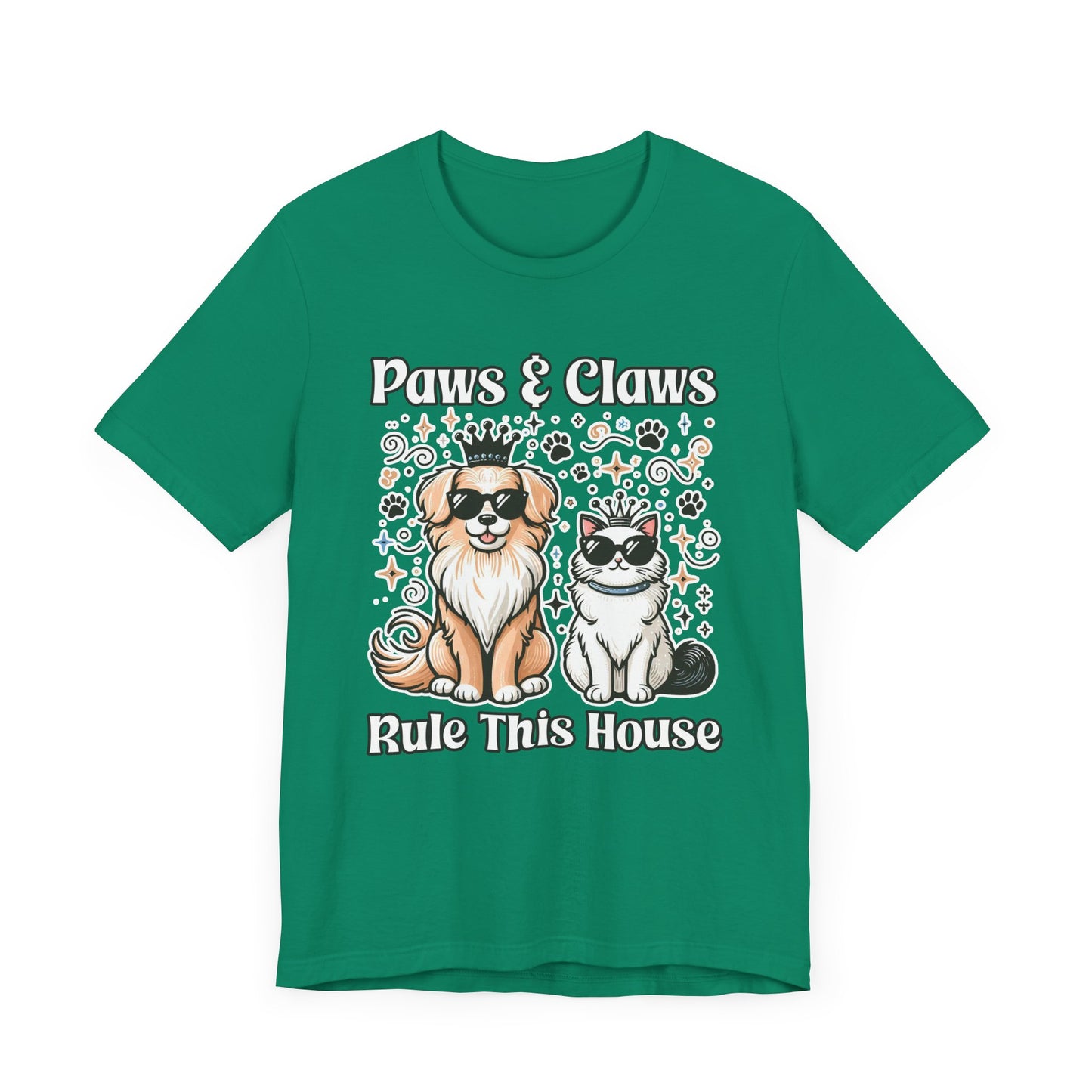 Paws and Claws Rule the House | Smiling Dog & Cat with Paw Shapes T-Shirt