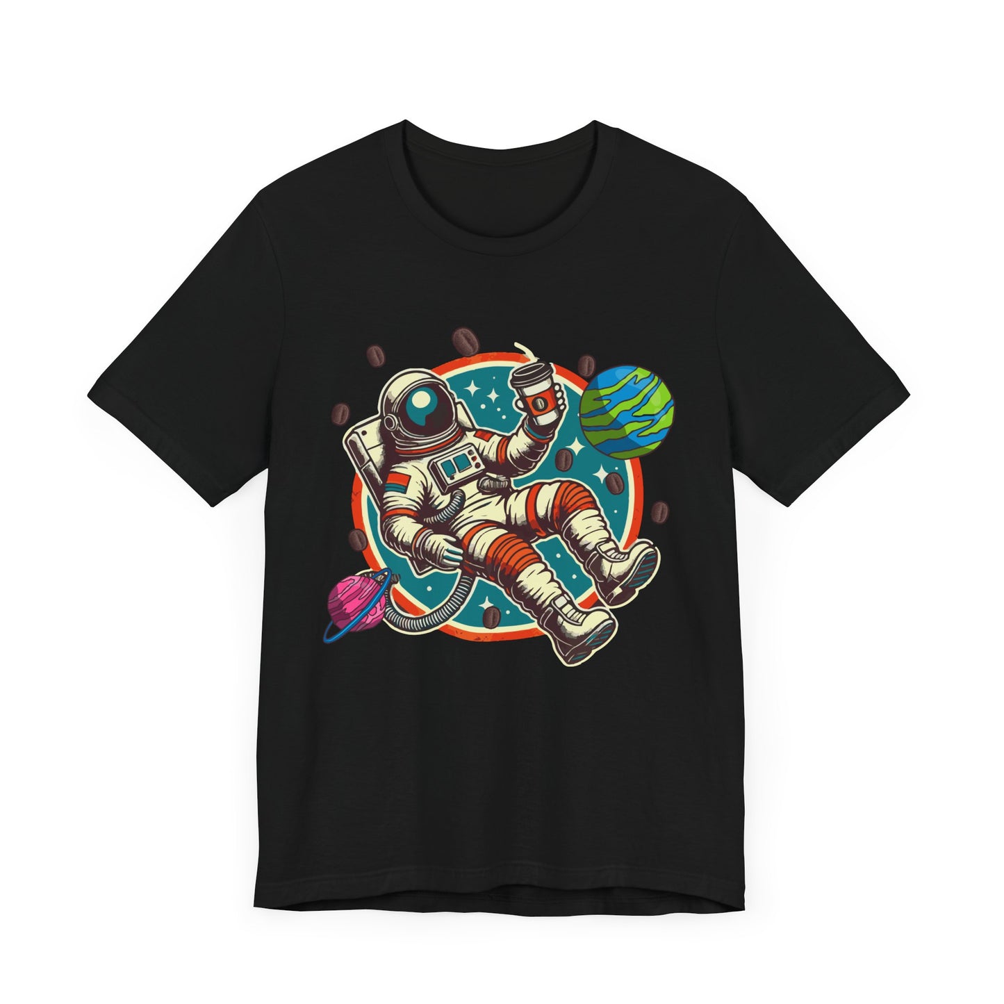 Space Coffee Break | Astronaut Floating with Coffee Cup & Planets Graphic T-Shirt