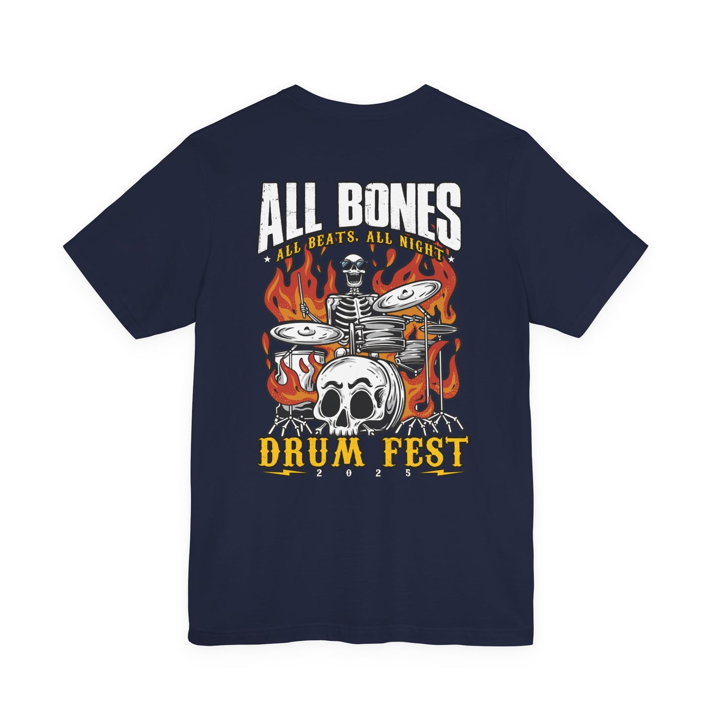 All Bones Drum Fest 2025 T-Shirt – Skeleton Drummer Fiery Rock Design